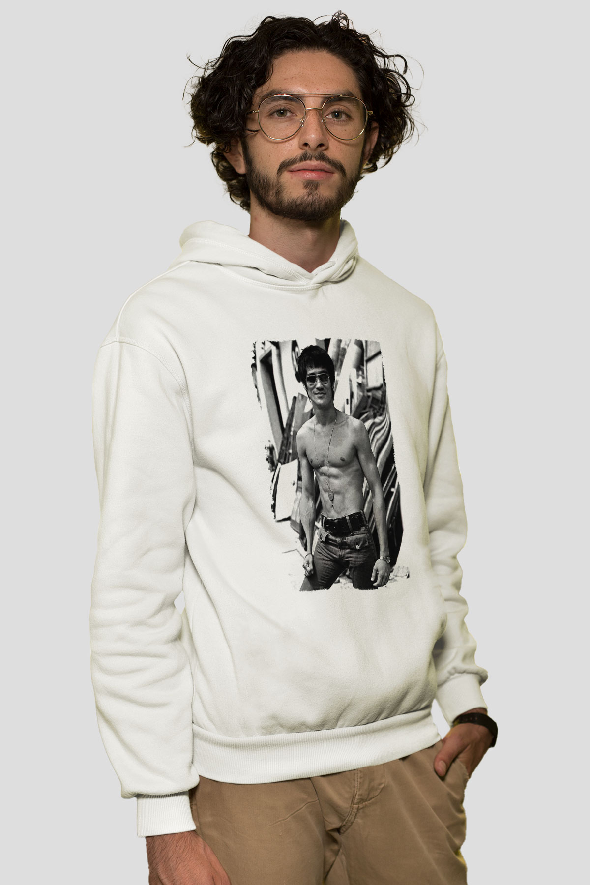 Bruce Lee Beyaz Unisex Kapşonlu Sweatshirt