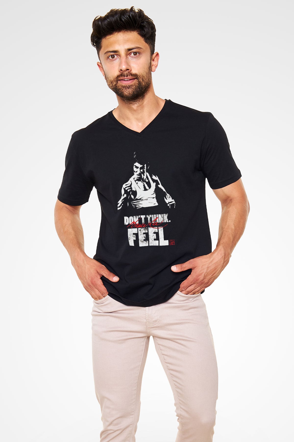 Bruce Lee Siyah Unisex V Yaka Tişört T-Shirt