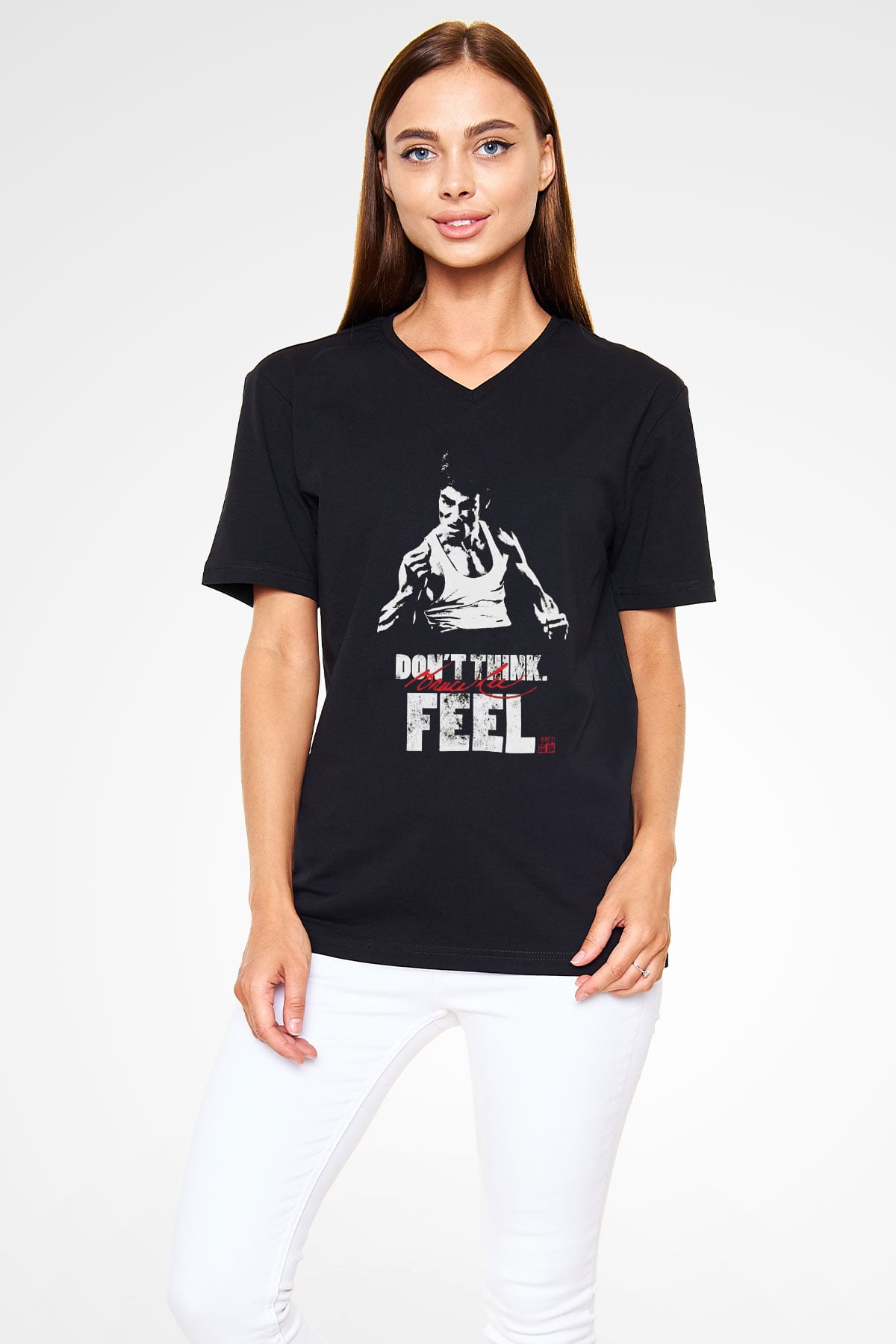 Bruce Lee Siyah Unisex V Yaka Tişört T-Shirt