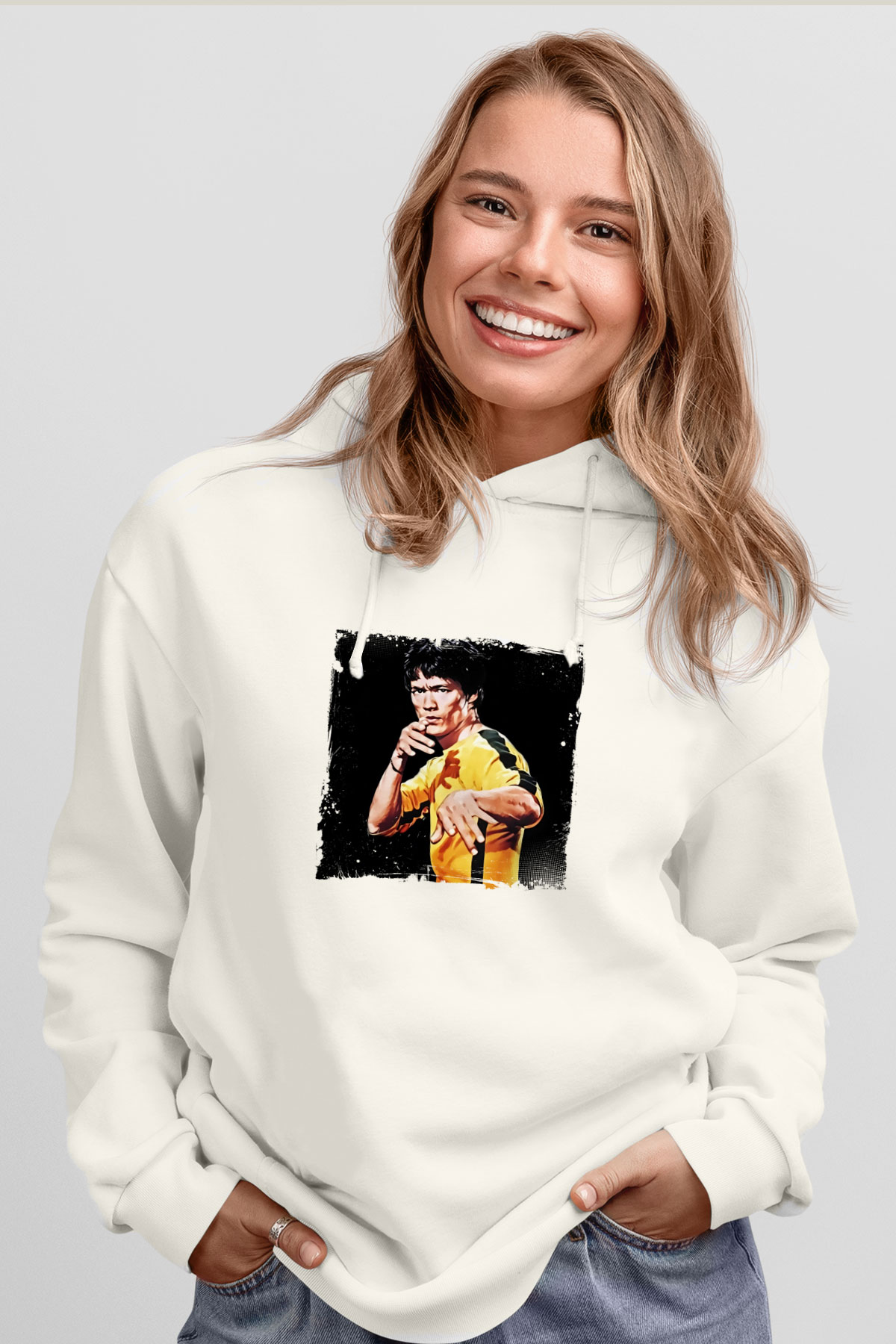 Bruce Lee Unisex Baskılı Beyaz Kapüşonlu Sweatshirt