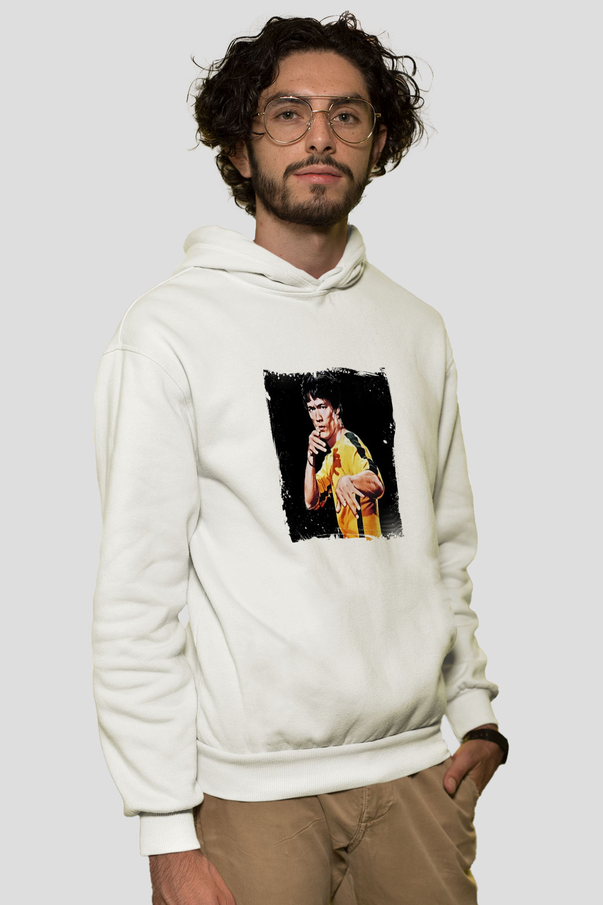 Bruce Lee Unisex Baskılı Beyaz Kapüşonlu Sweatshirt