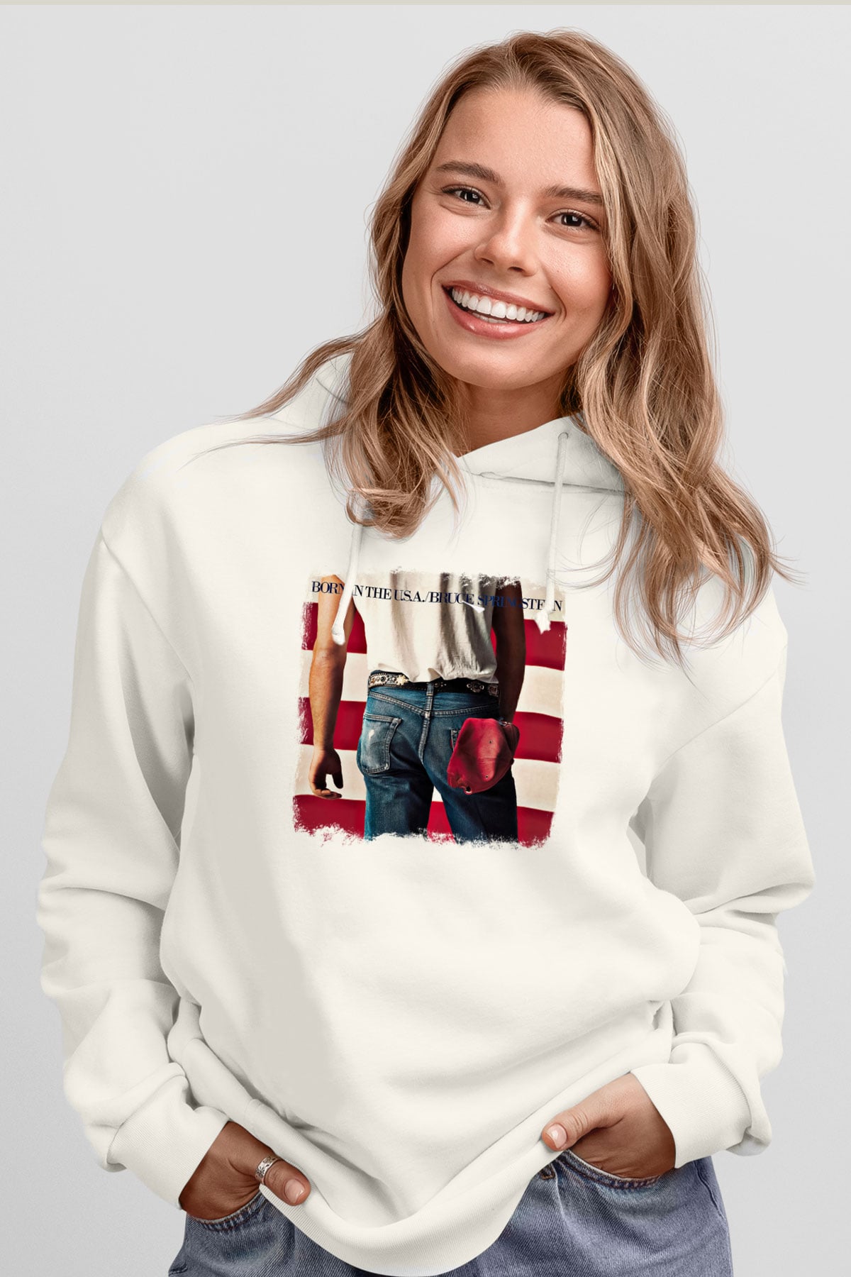 Bruce Springsteen Baskılı Unisex Beyaz Hoodie