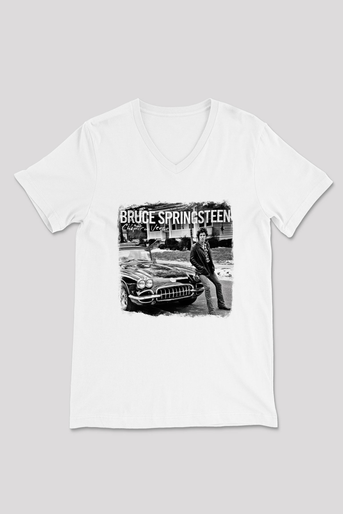 Bruce Springsteen Baskılı Unisex Beyaz V Yaka Tişört