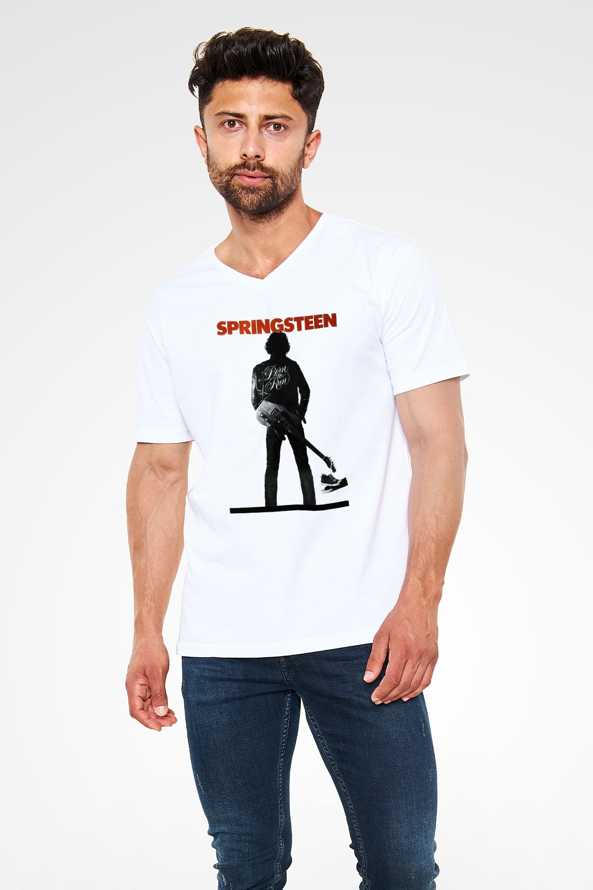 Bruce Springsteen Beyaz Unisex V Yaka Tişört