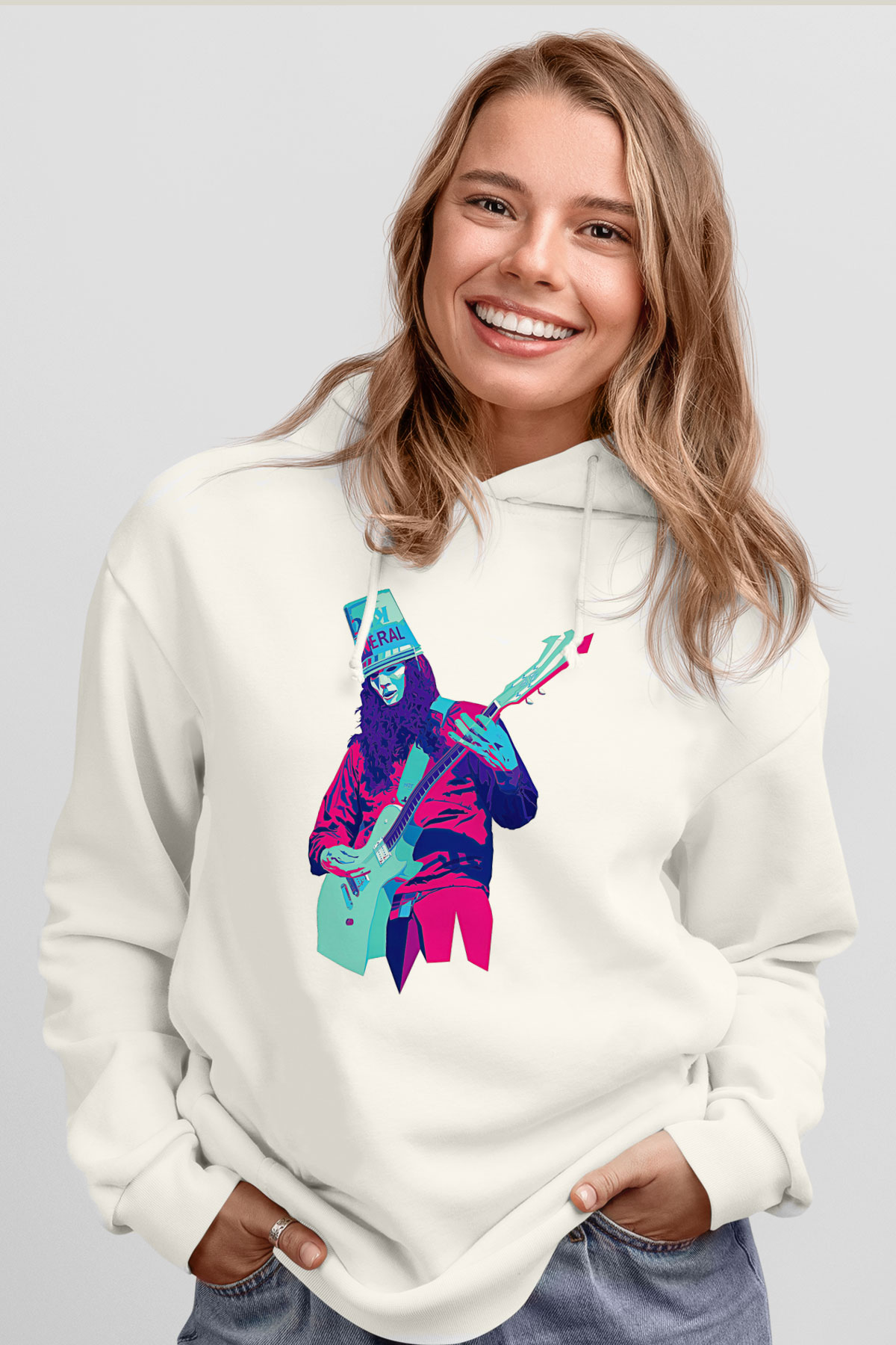 Buckethead Baskılı Beyaz Unisex Kapüşonlu Sweatshirt