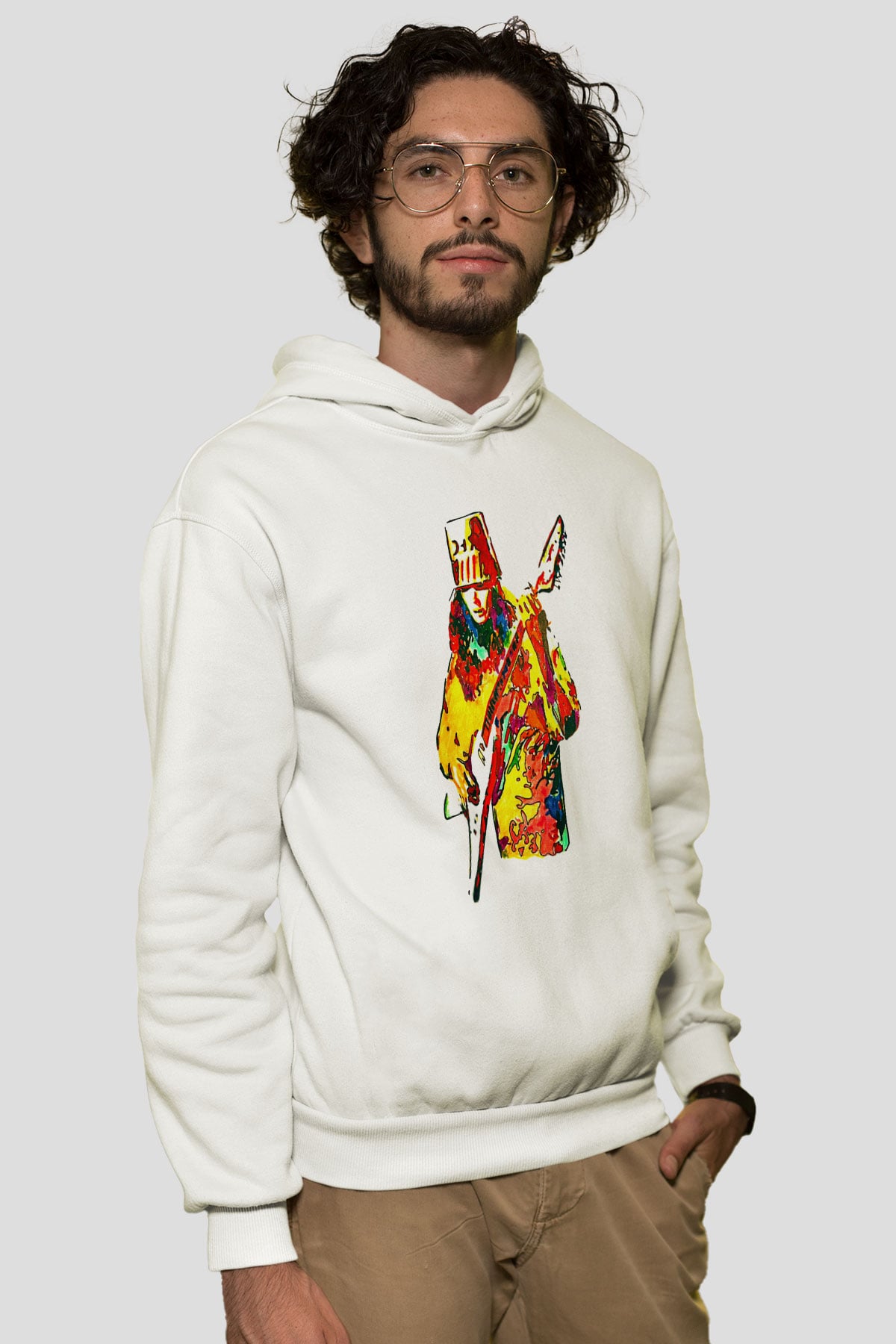Buckethead Baskılı Beyaz Unisex Kapüşonlu Sweatshirt