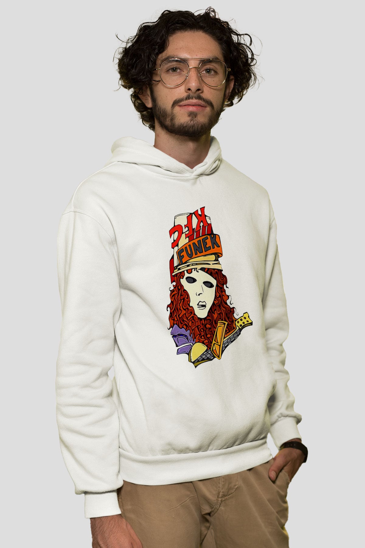 Buckethead Baskılı Beyaz Unisex Kapüşonlu Sweatshirt