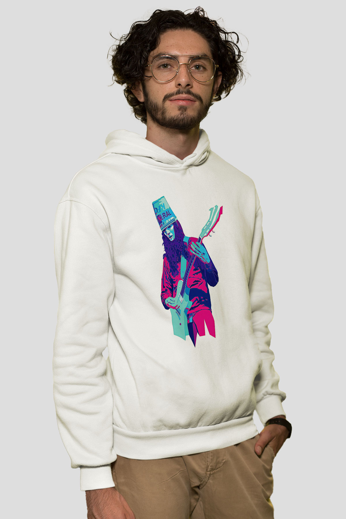 Buckethead Baskılı Beyaz Unisex Kapüşonlu Sweatshirt