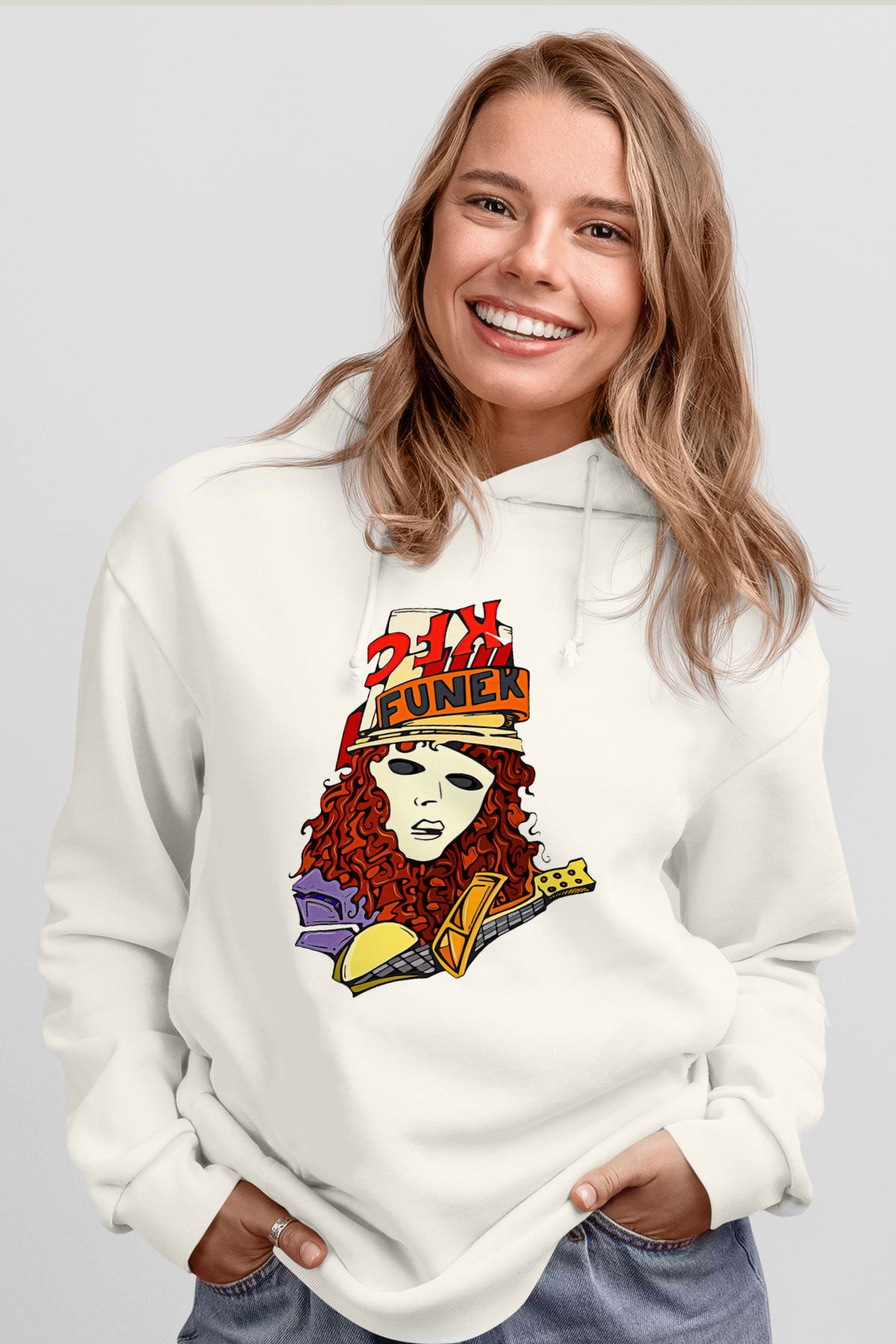 Buckethead Baskılı Beyaz Unisex Kapüşonlu Sweatshirt