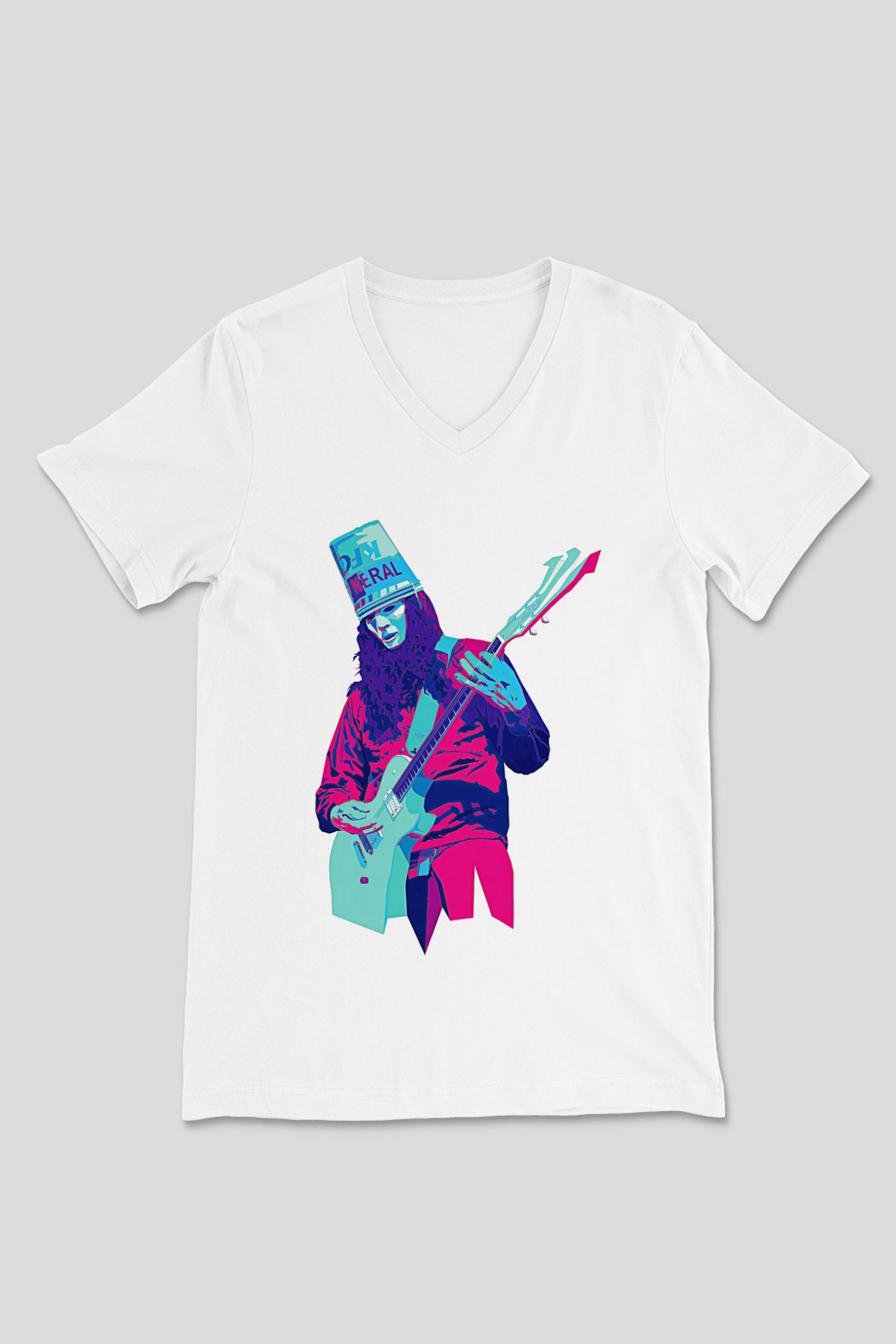 Buckethead Baskılı Beyaz Unisex V Yaka Tişört - Tshirt