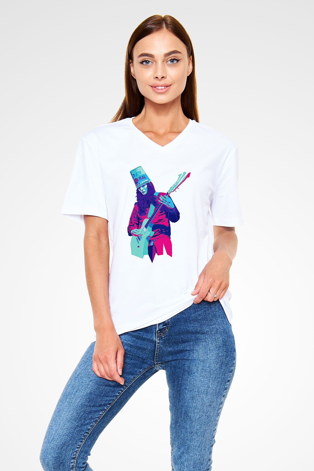 Buckethead Baskılı Beyaz Unisex V Yaka Tişört - Tshirt