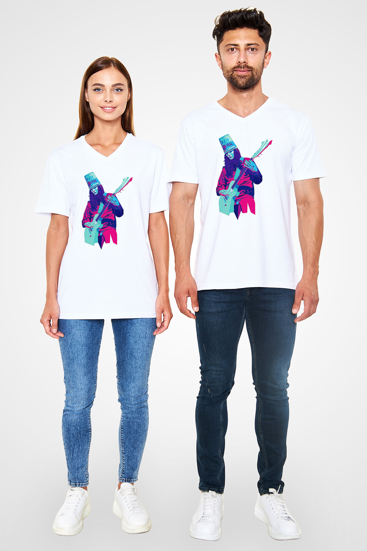 Buckethead Baskılı Beyaz Unisex V Yaka Tişört - Tshirt