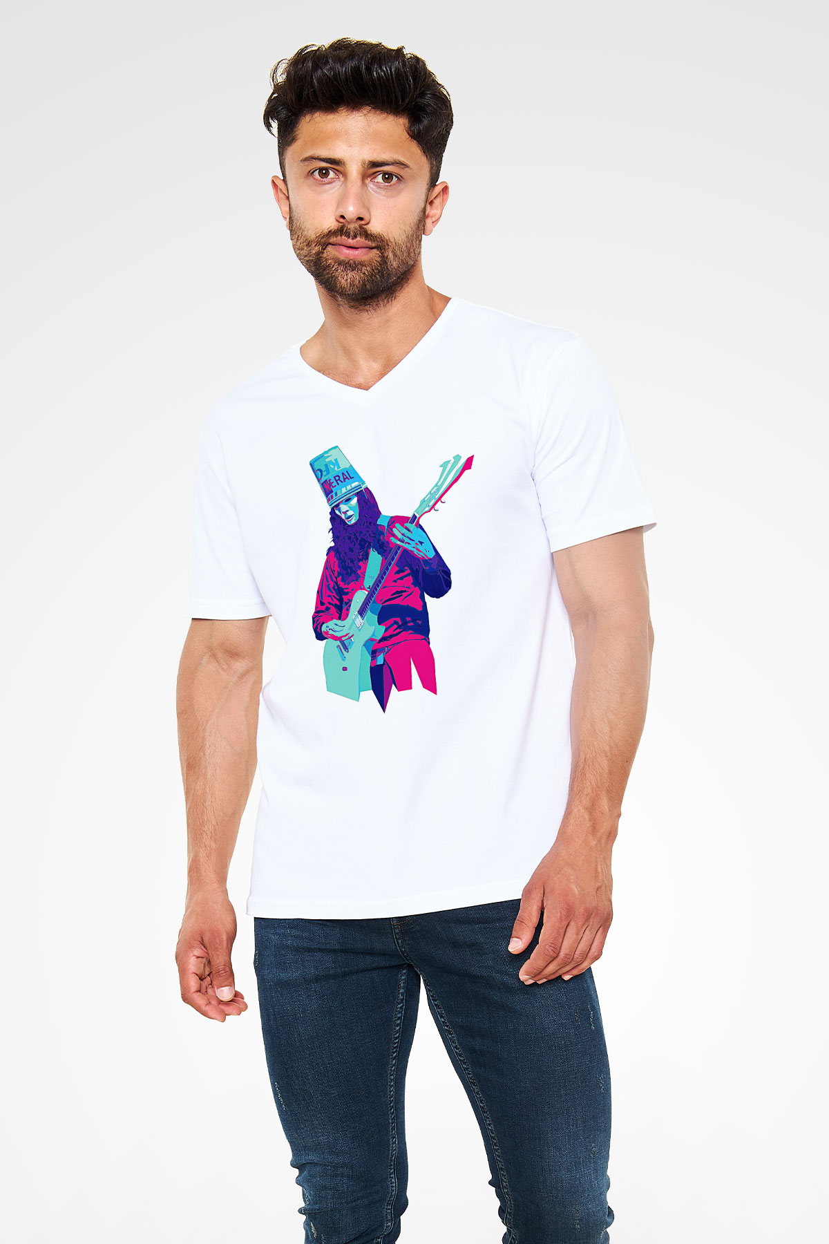 Buckethead Baskılı Beyaz Unisex V Yaka Tişört - Tshirt