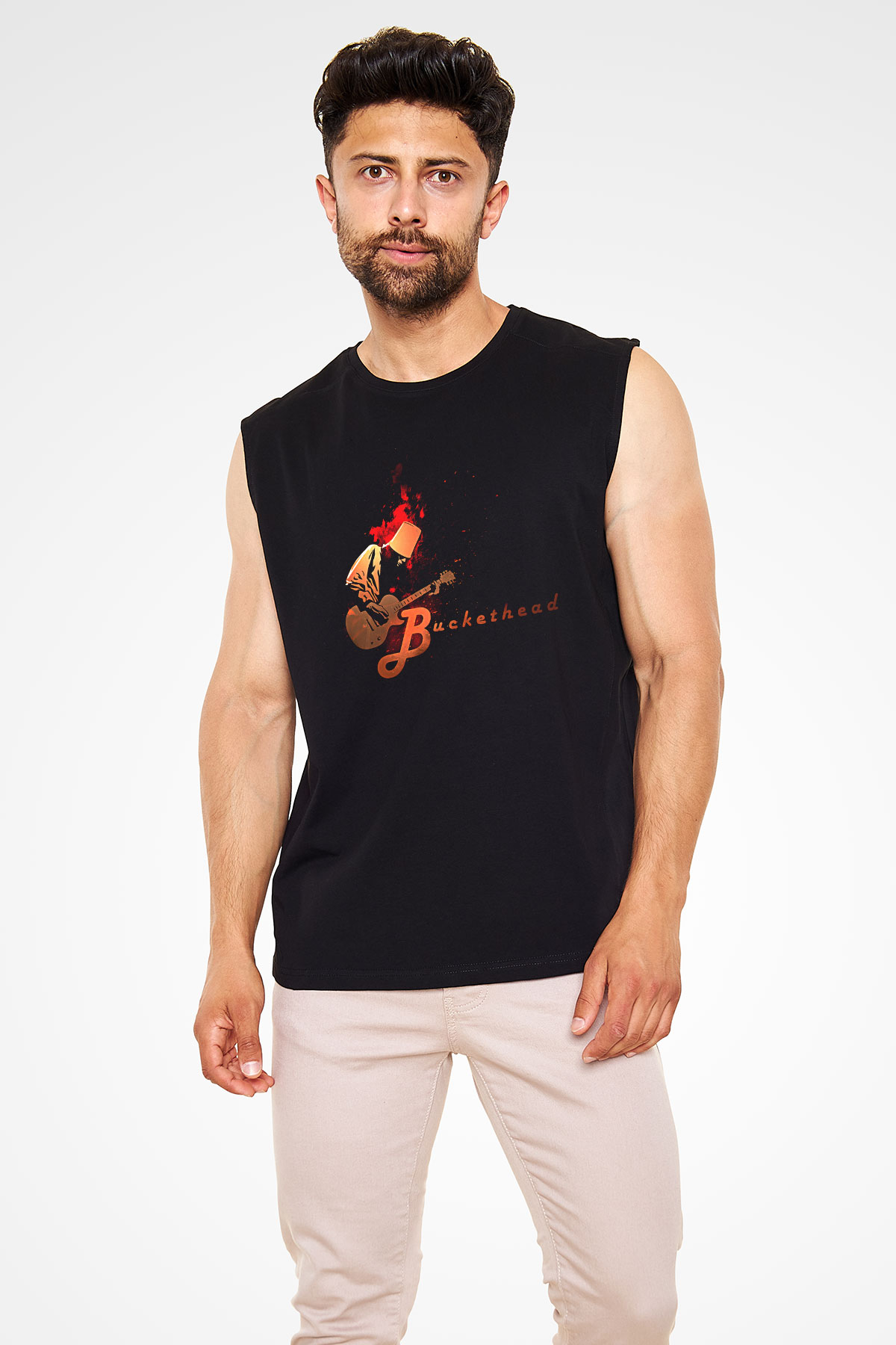 Buckethead Baskılı Unisex Siyah Kolsuz Tişört - Tshirt