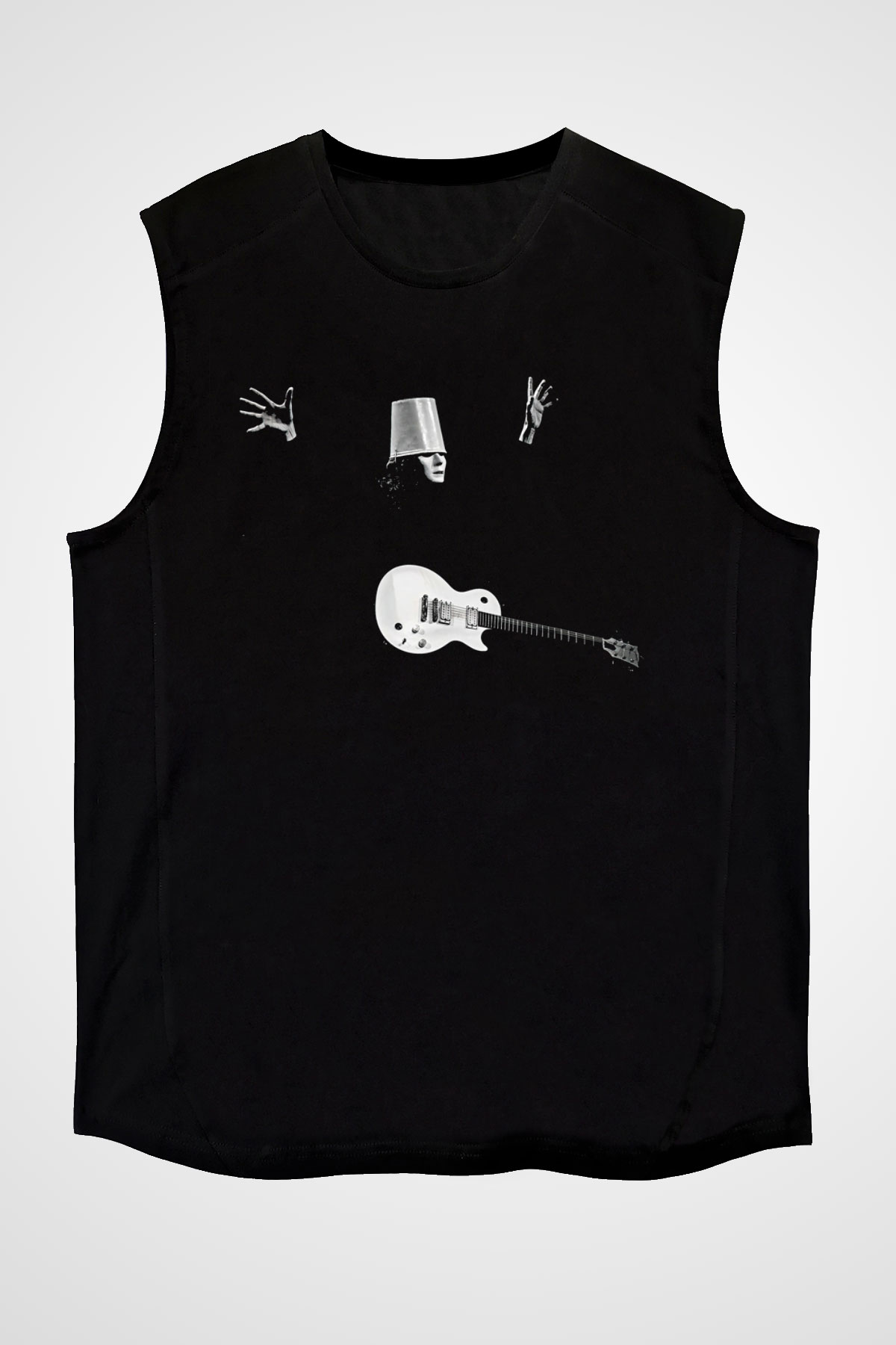 Buckethead Baskılı Unisex Siyah Kolsuz Tişört - Tshirt