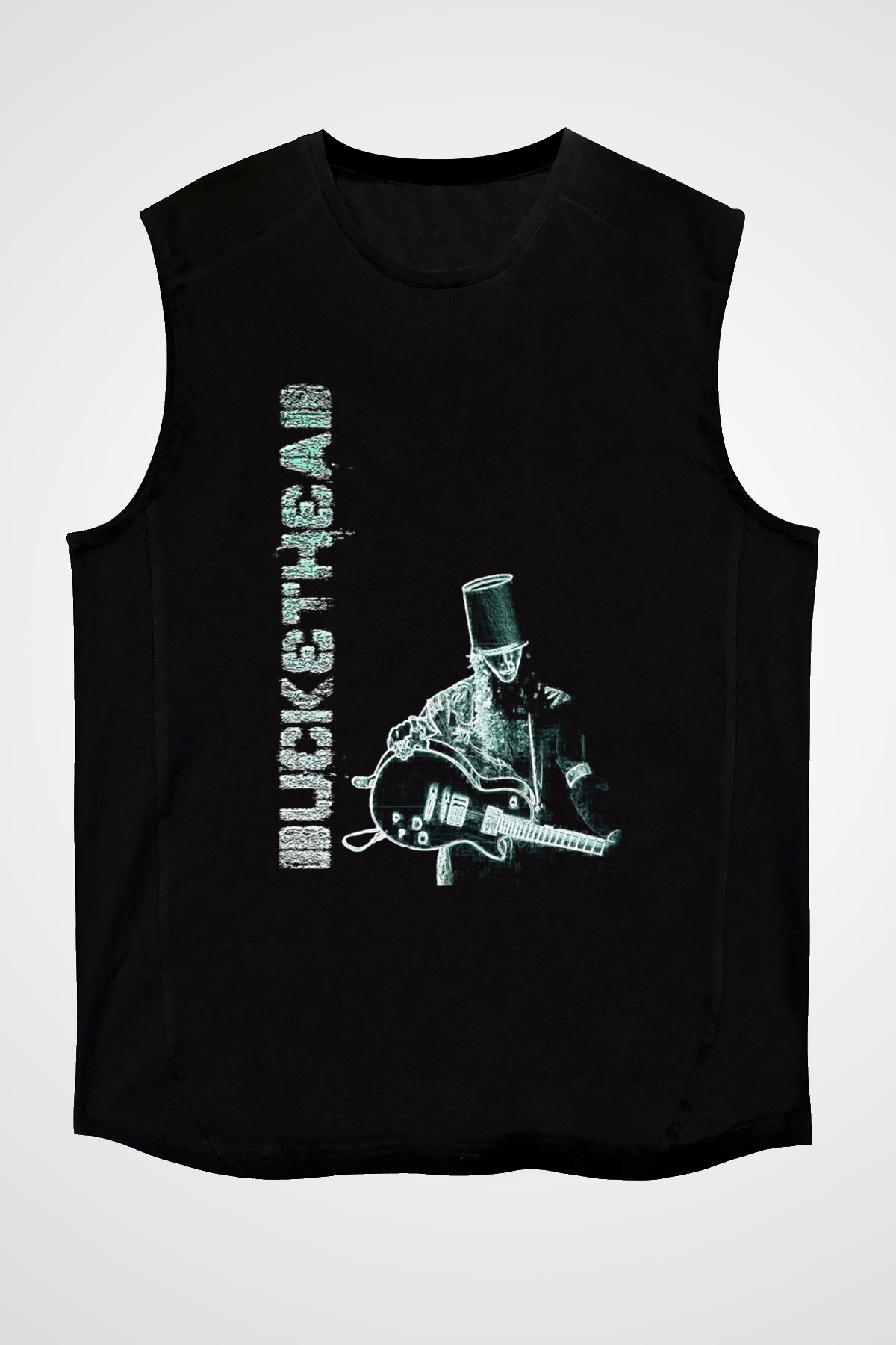 Buckethead Baskılı Unisex Siyah Kolsuz Tişört - Tshirt