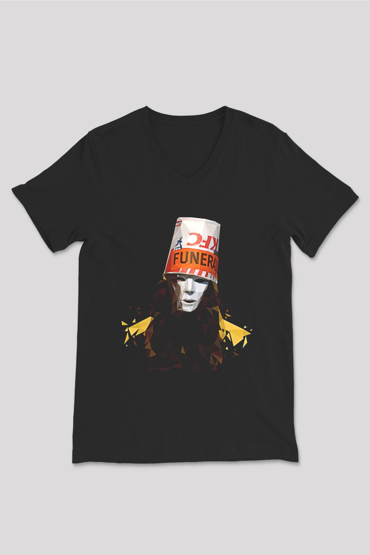 Buckethead Baskılı Unisex Siyah V Yaka Tişört - Tshirt