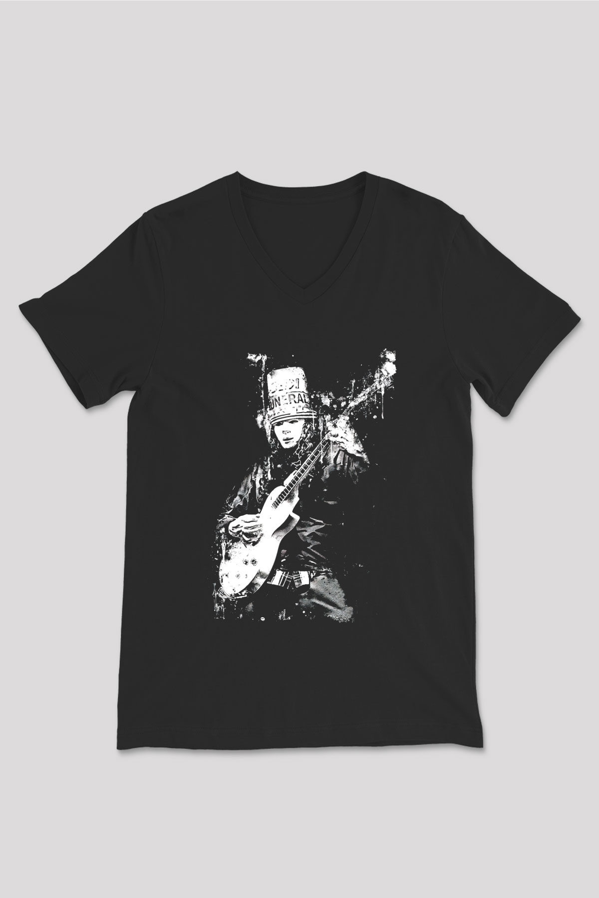 Buckethead Baskılı Unisex Siyah V Yaka Tişört - Tshirt