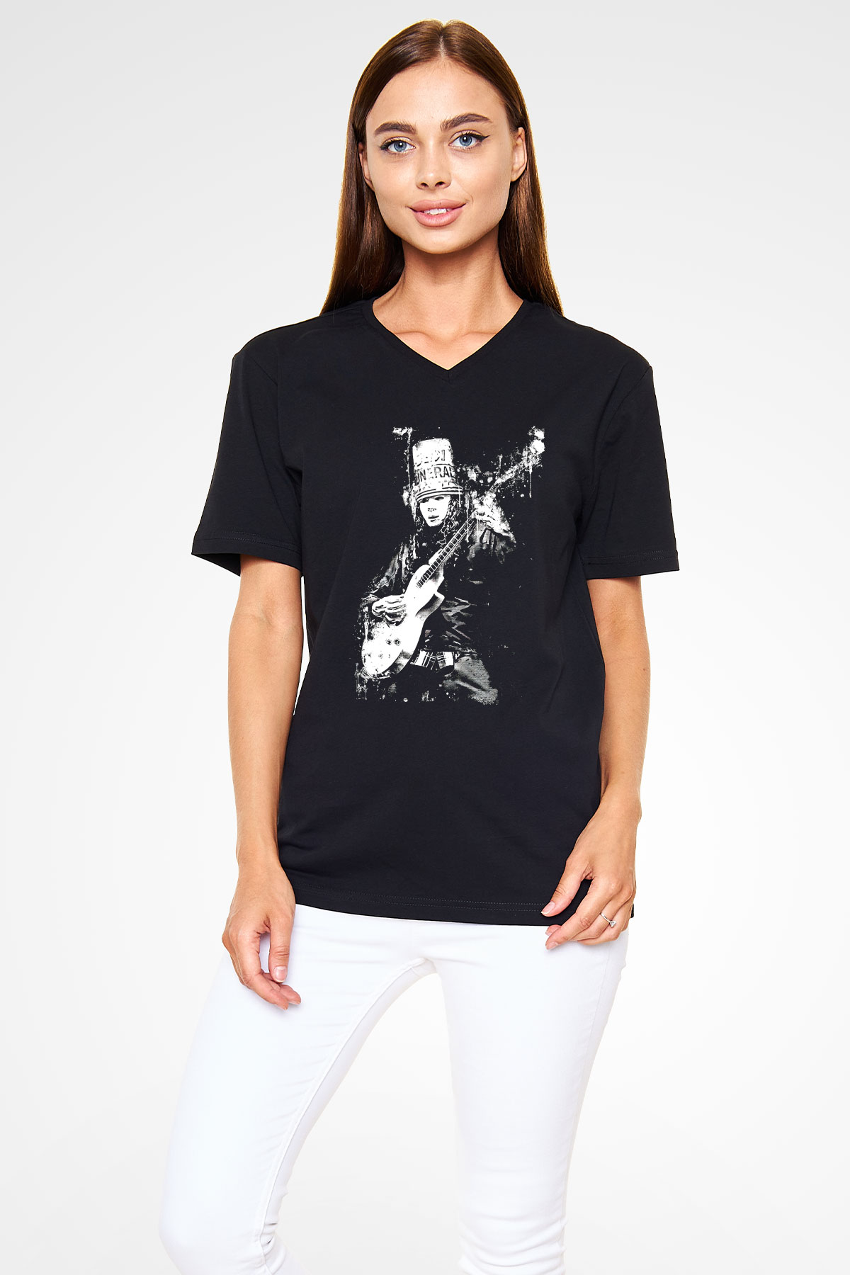 Buckethead Baskılı Unisex Siyah V Yaka Tişört - Tshirt