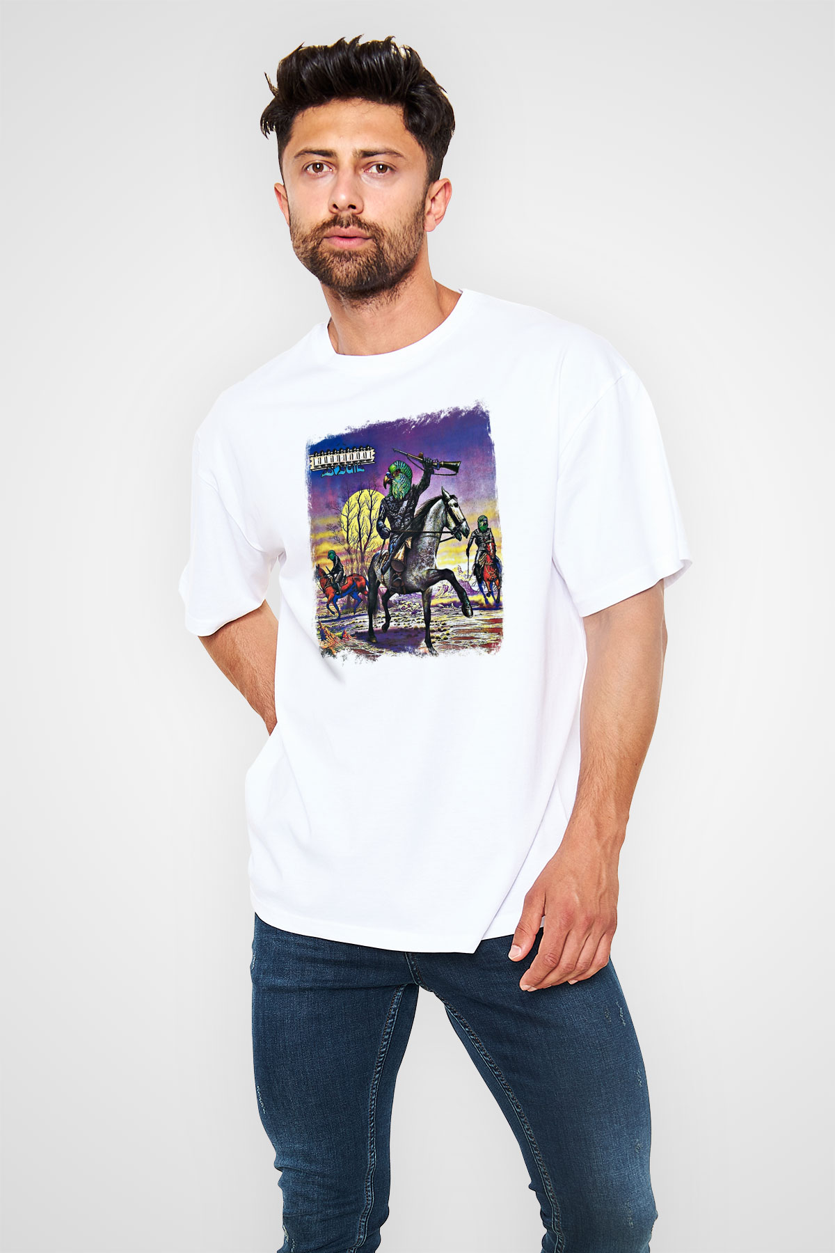 Budgie Baskılı Unisex Beyaz Oversize Tişört