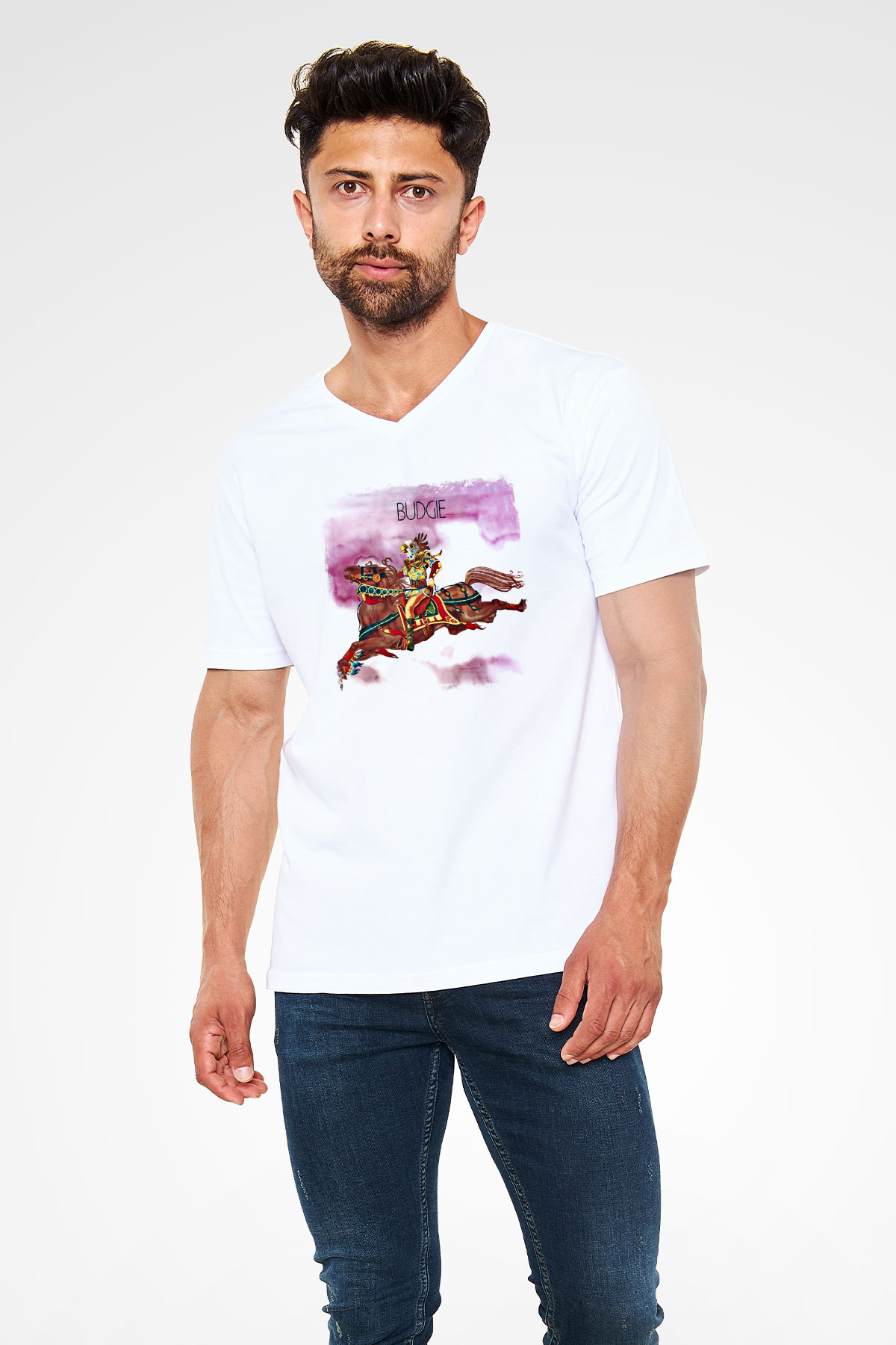 Budgie Baskılı Unisex Beyaz V Yaka Tişört