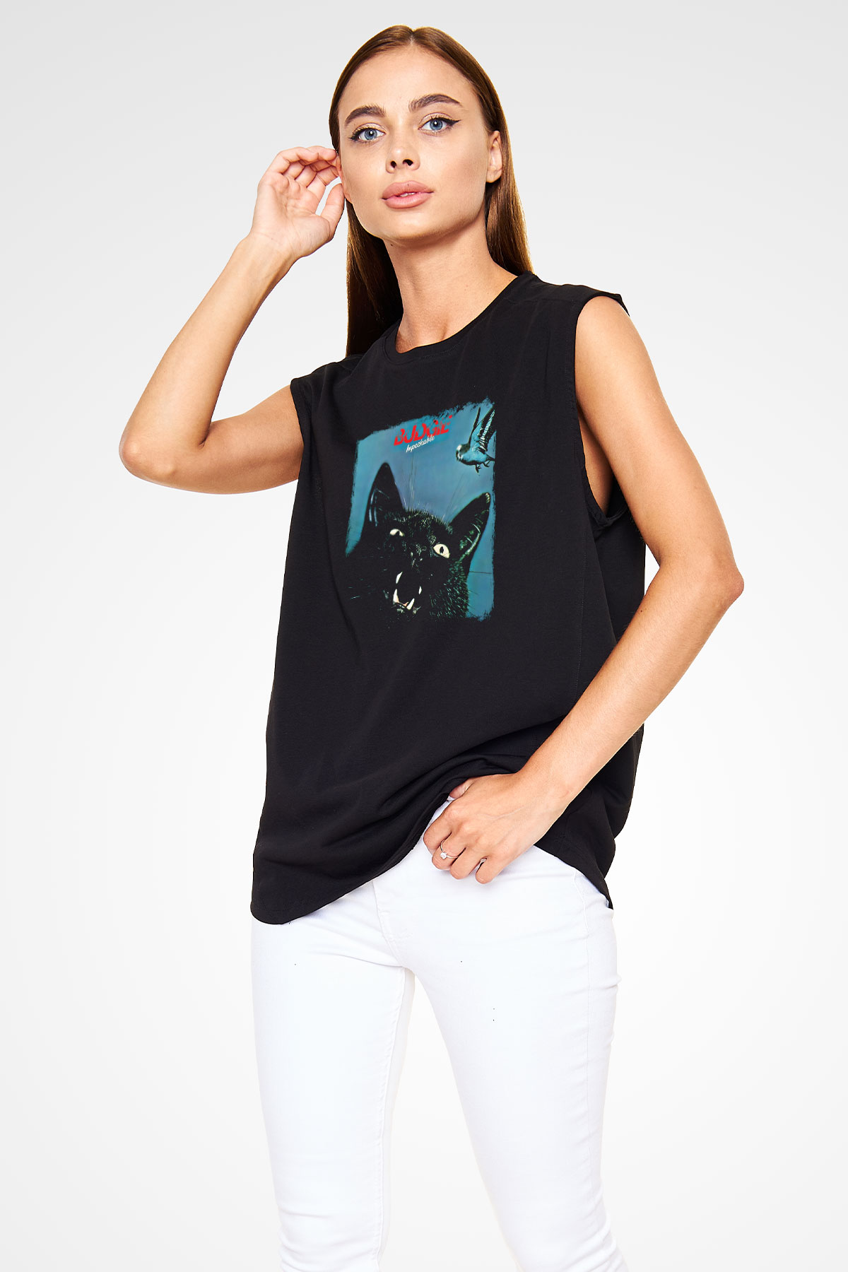 Budgie Baskılı Unisex Siyah Kolsuz Tişört