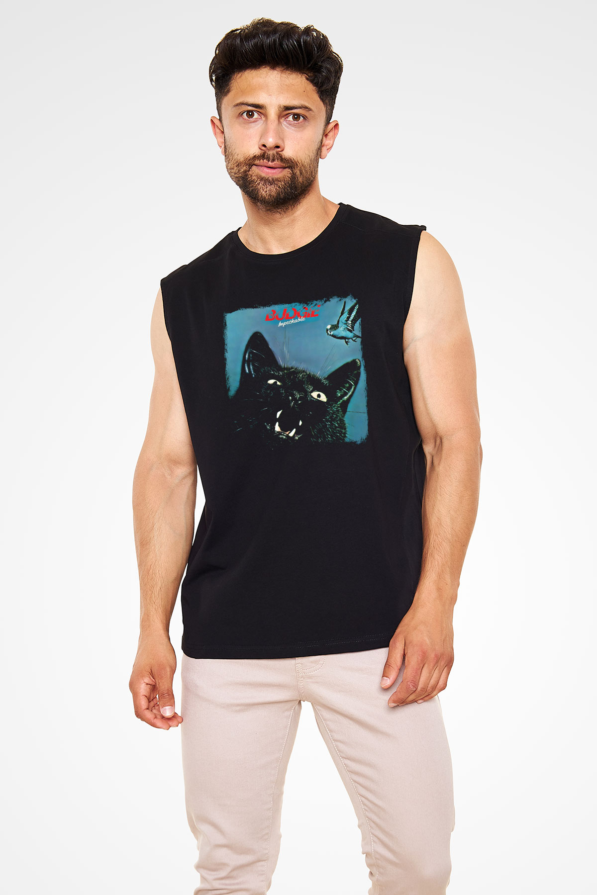 Budgie Baskılı Unisex Siyah Kolsuz Tişört