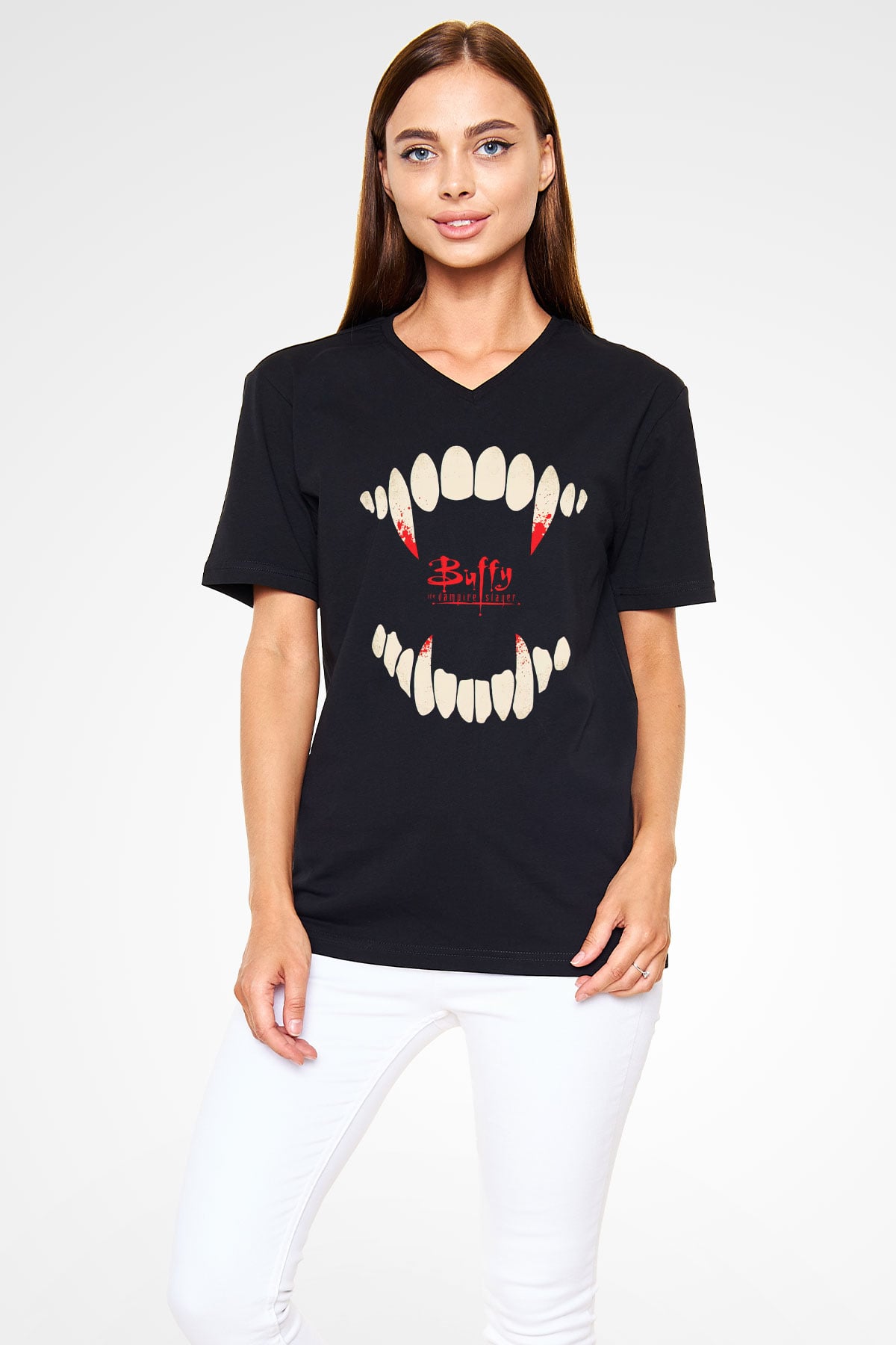 Buffy the Vampire Slayer Siyah Unisex V Yaka Tişört