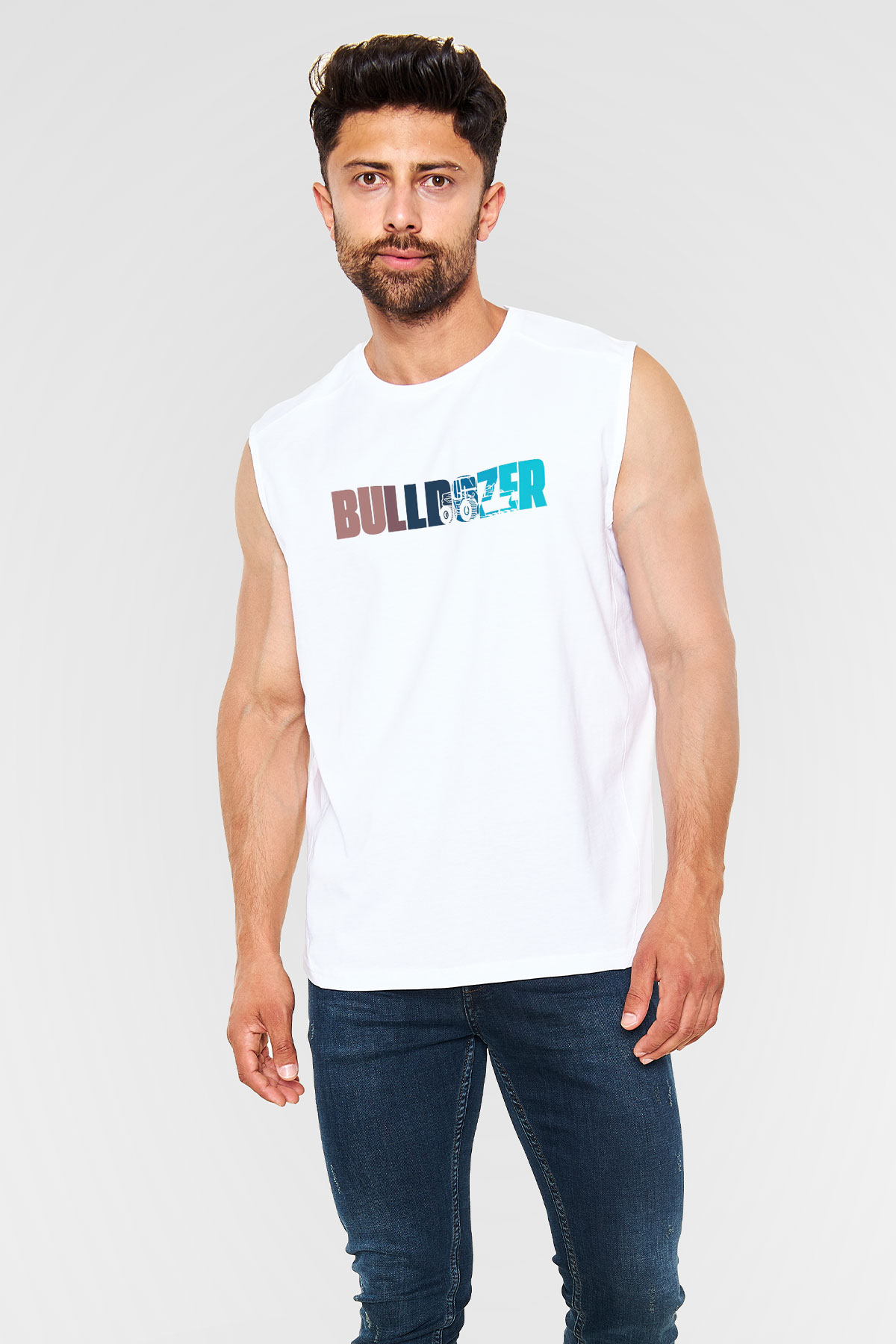 Buldozer operatörü Beyaz Unisex Kolsuz Tişört