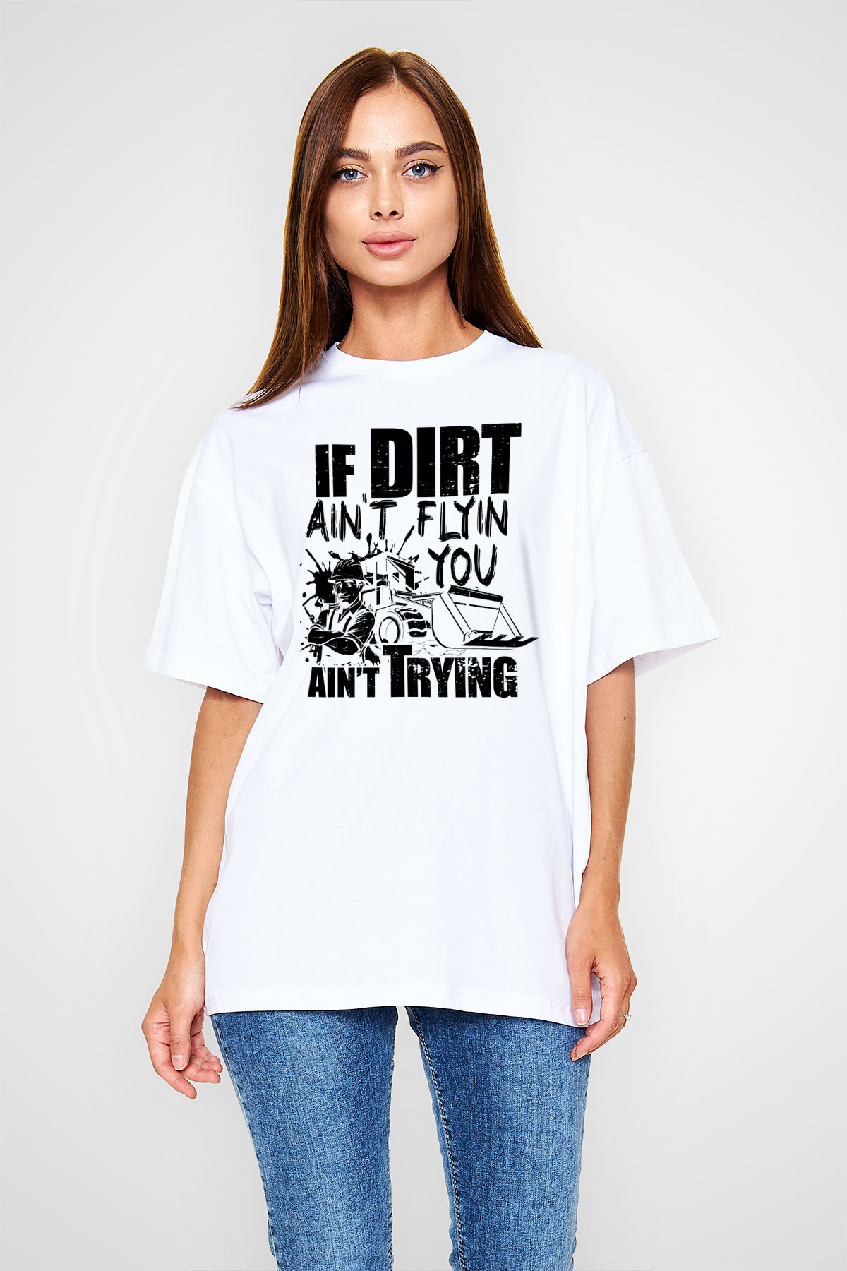 Buldozer operatörü Beyaz Oversize Tişört Oversize T-shirt - TişörtFabrikası