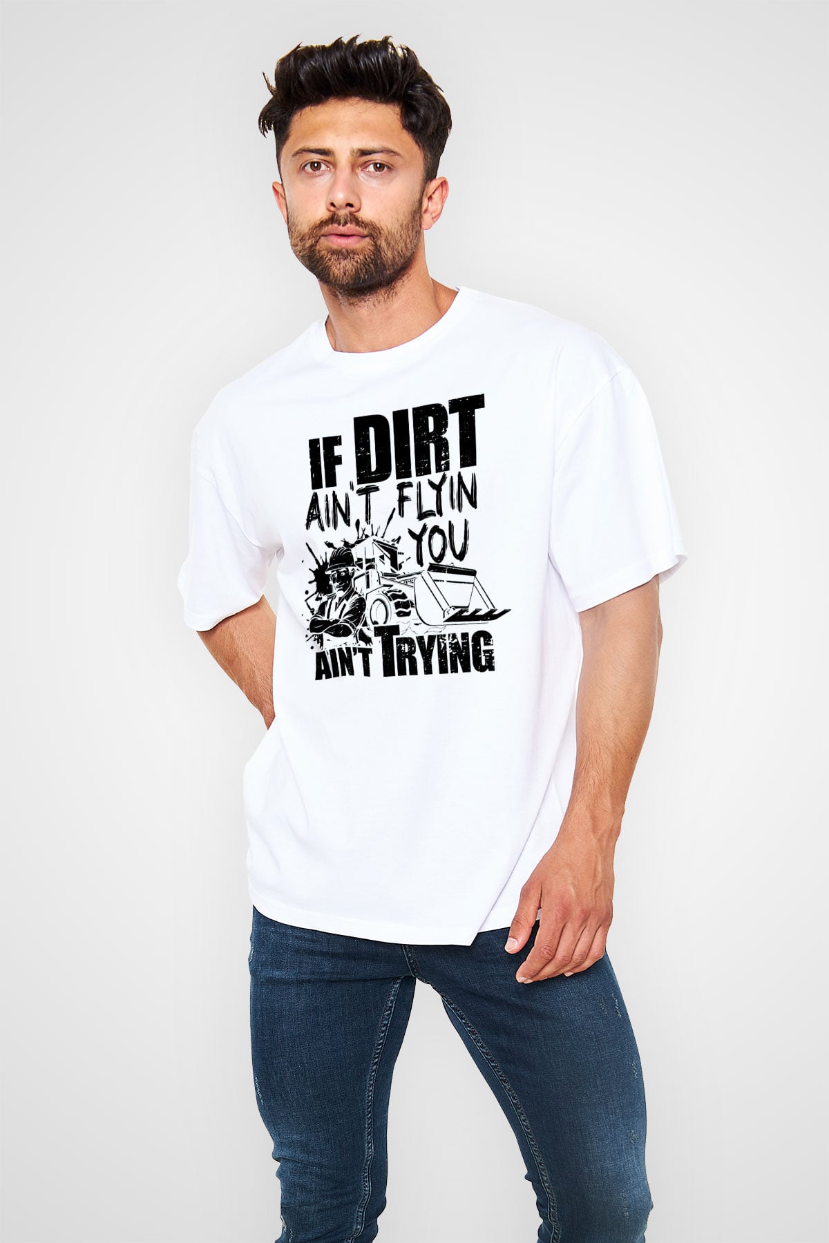 Buldozer operatörü Beyaz Oversize Tişört Oversize T-shirt - TişörtFabrikası