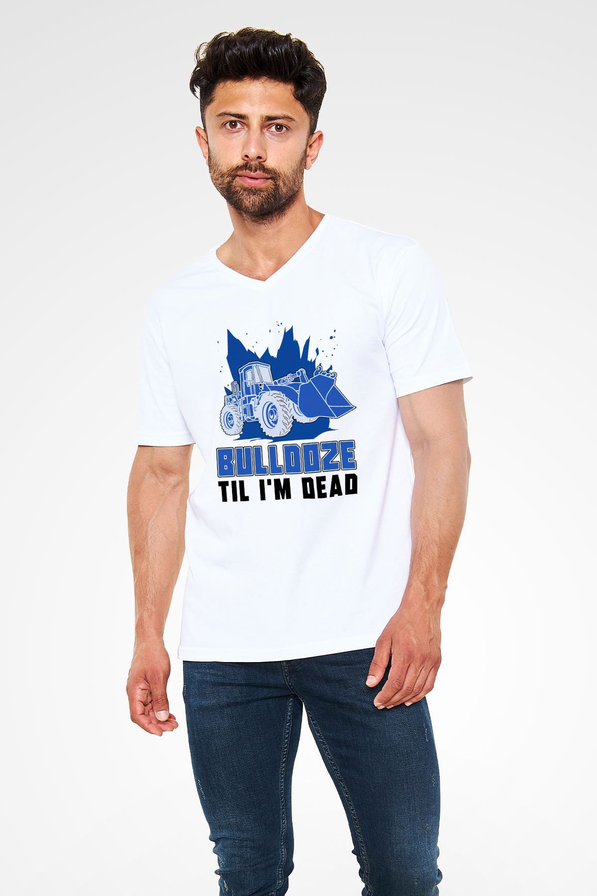 Buldozer operatörü Beyaz Unisex V Yaka Tişört