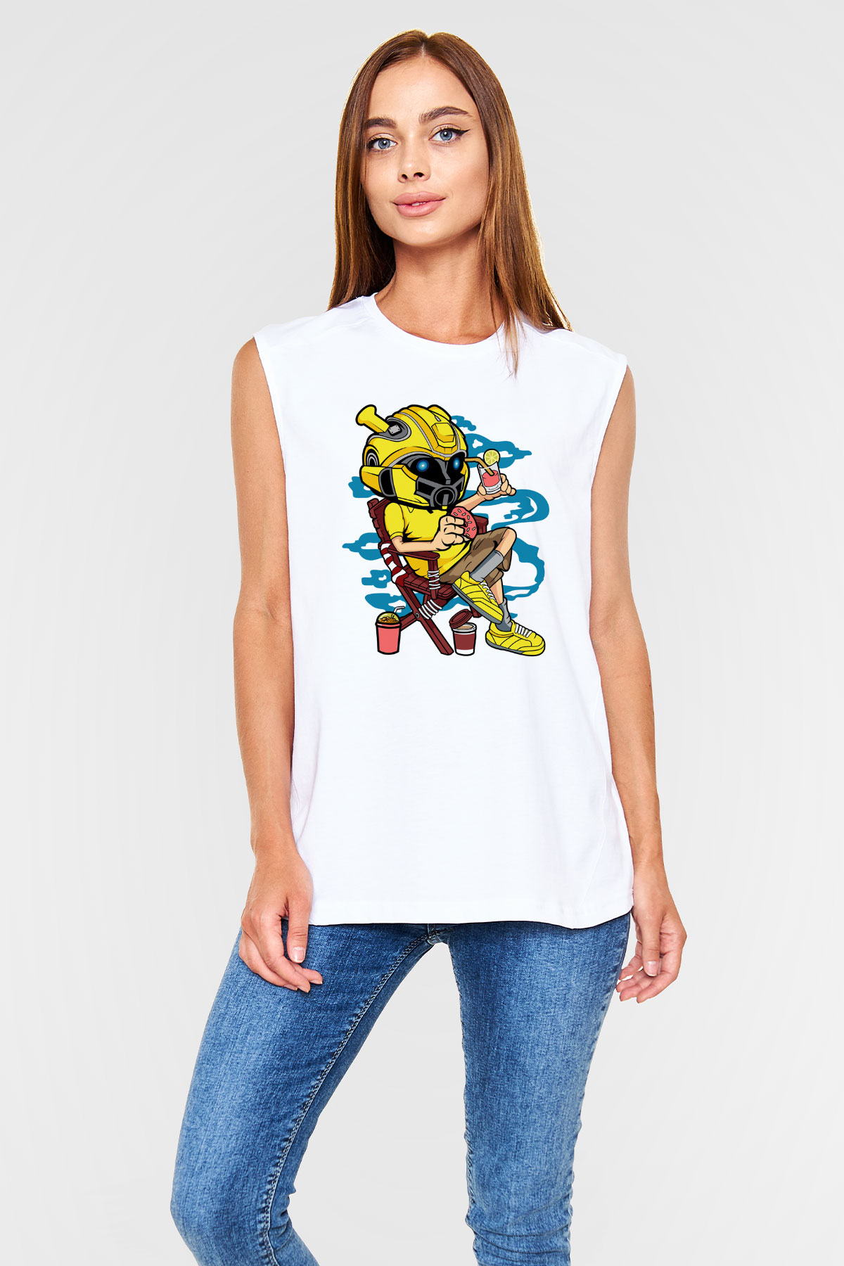 Bumble Bee Holiday Baskılı Unisex Beyaz Kolsuz Tişört