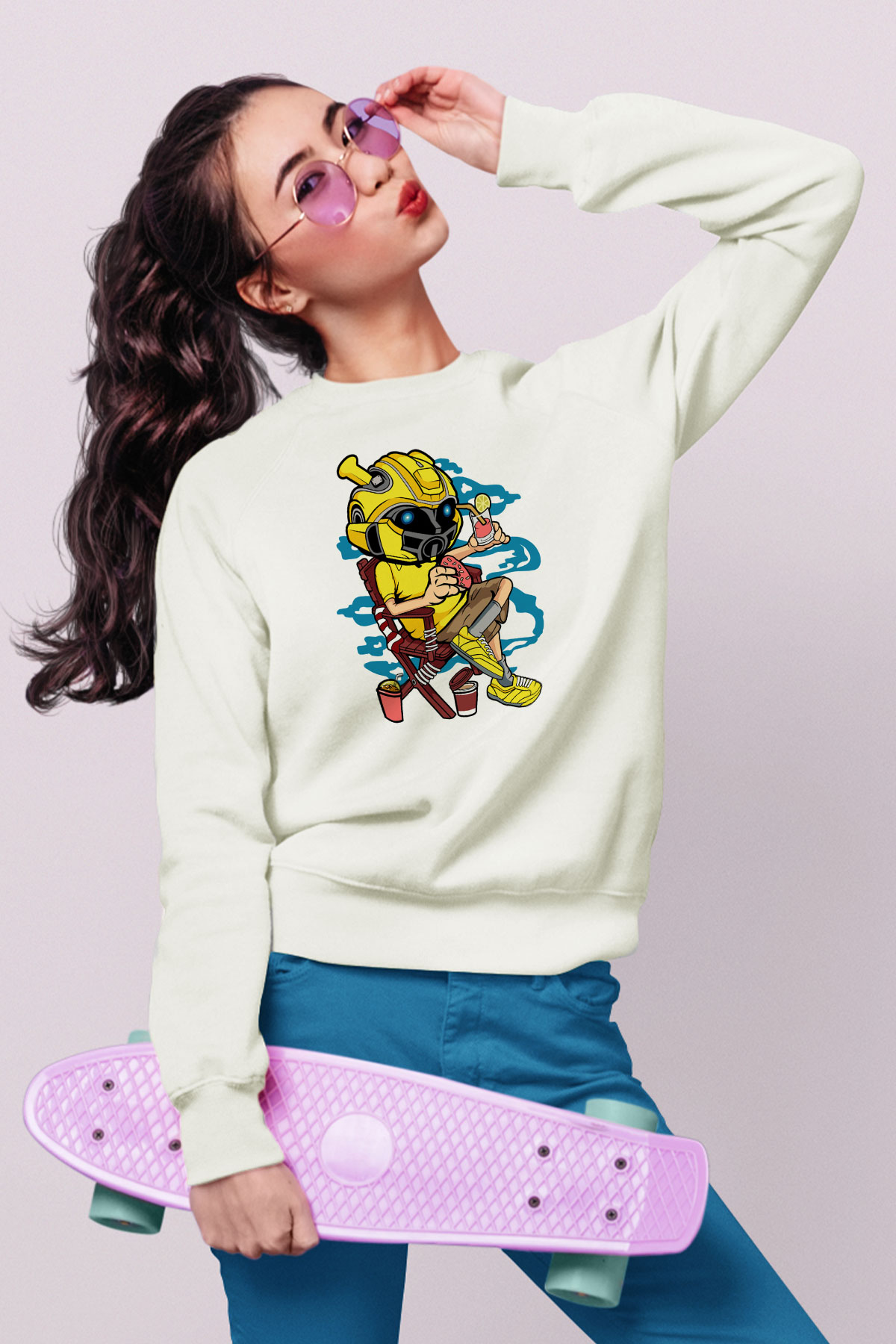 Bumble Bee Holiday Baskılı Unisex Beyaz Sweatshirt