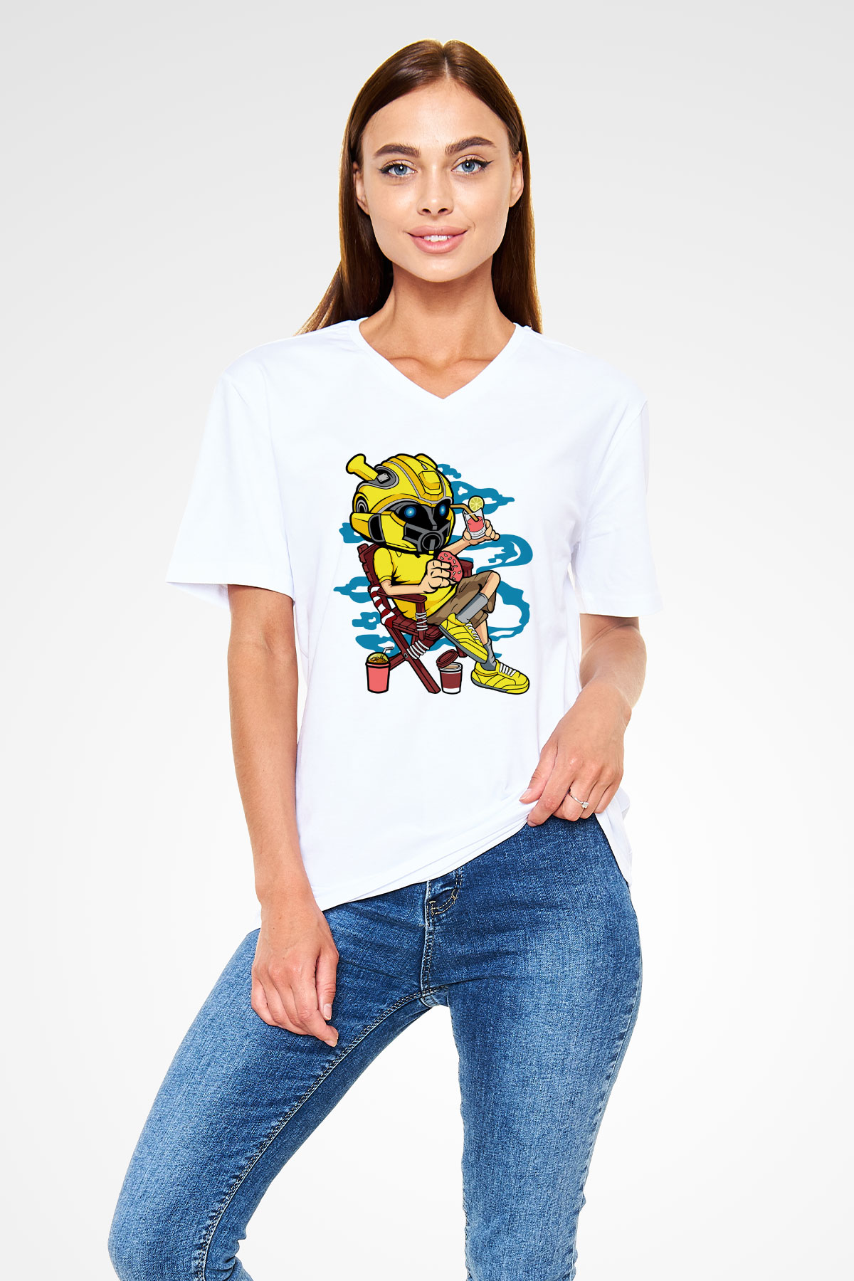 Bumble Bee Holiday Baskılı Unisex Beyaz V Yaka Tişört