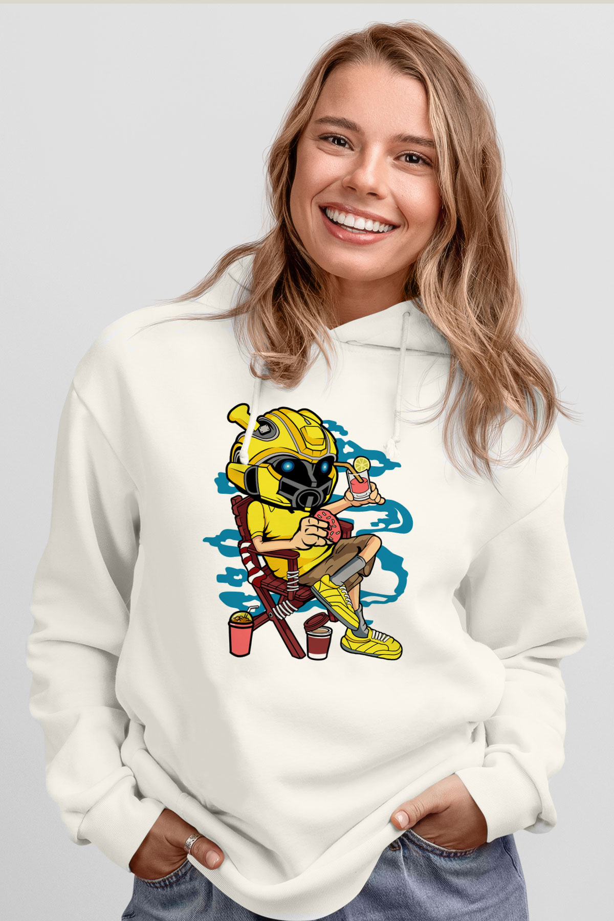 Bumble Bee Holiday Baskılı Unisex Beyaz Hoodie