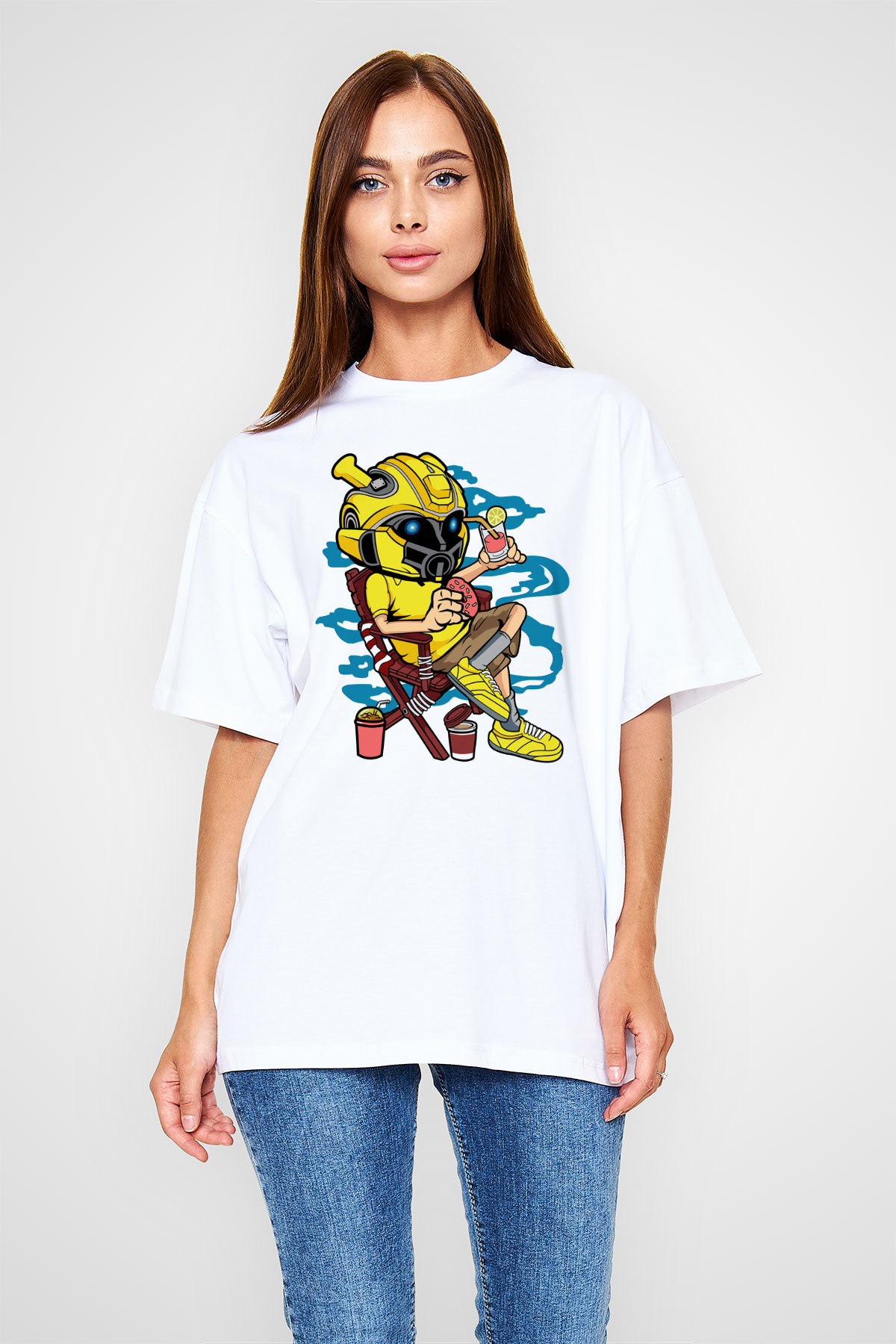 Bumble Bee Holiday Baskılı Unisex Beyaz Oversize Tişört