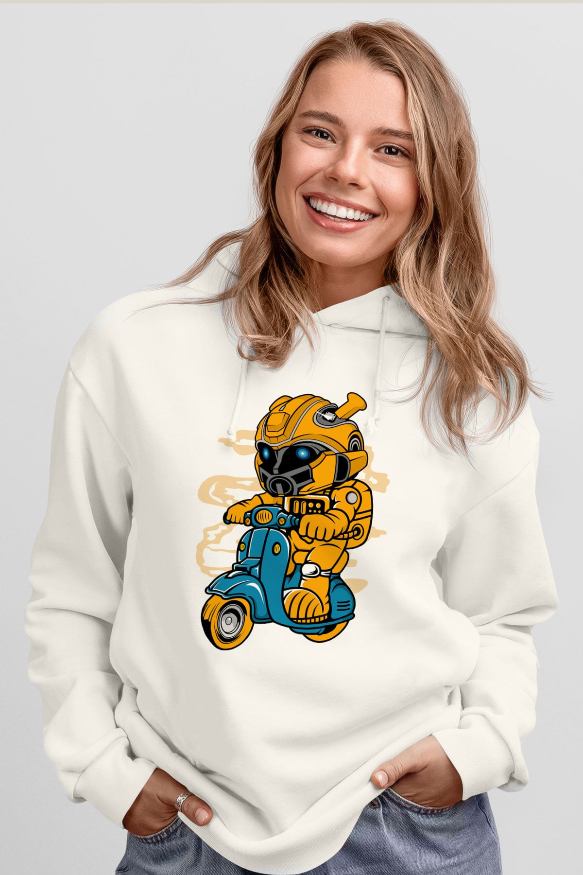 Bumble Bee Scooter Baskılı Unisex Beyaz Hoodie