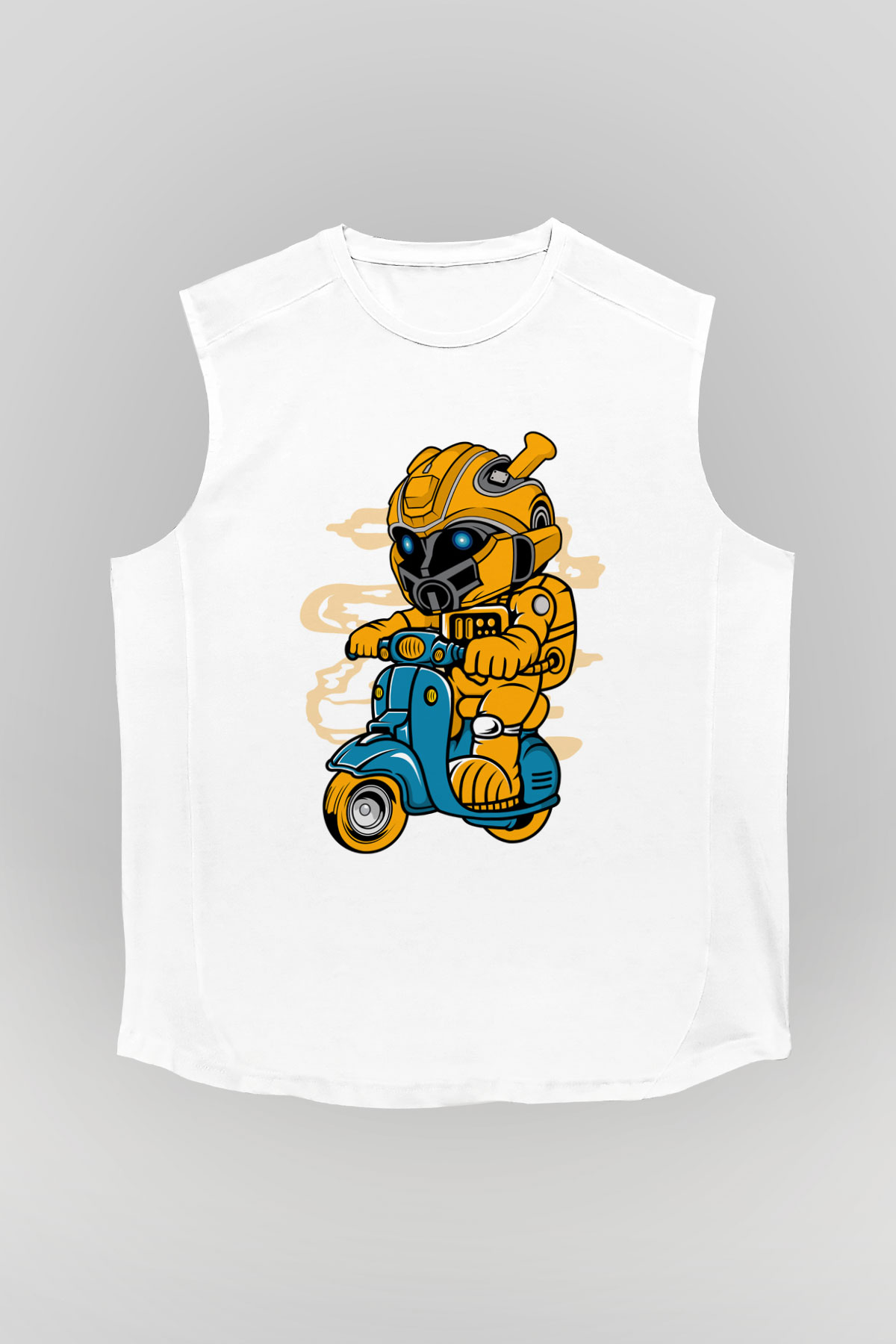 Bumble Bee Scooter Baskılı Unisex Beyaz Kolsuz Tişört