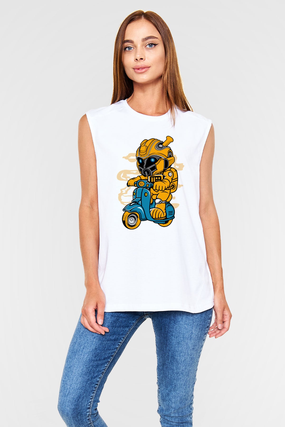 Bumble Bee Scooter Baskılı Unisex Beyaz Kolsuz Tişört