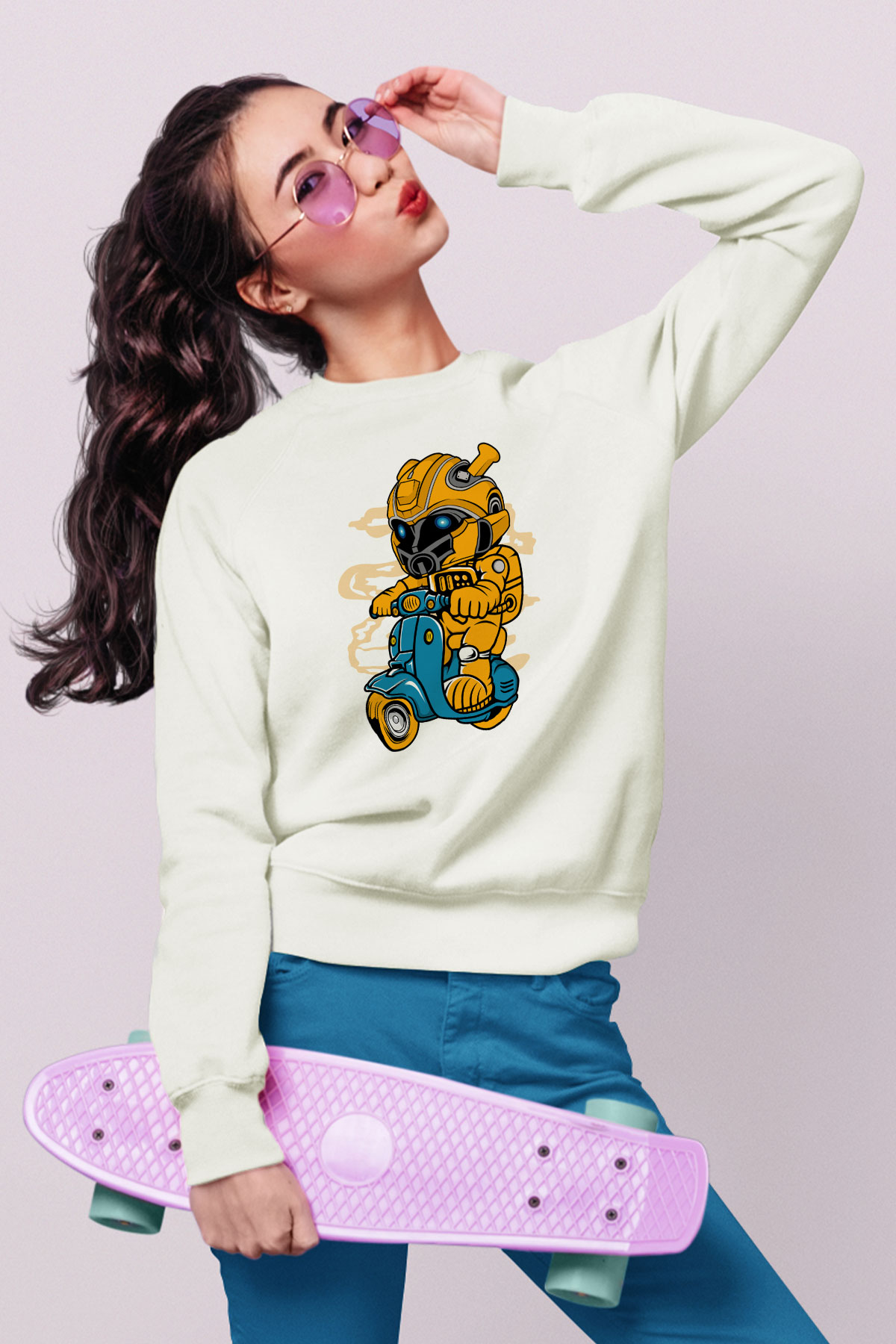 Bumble Bee Scooter Baskılı Unisex Beyaz Sweatshirt