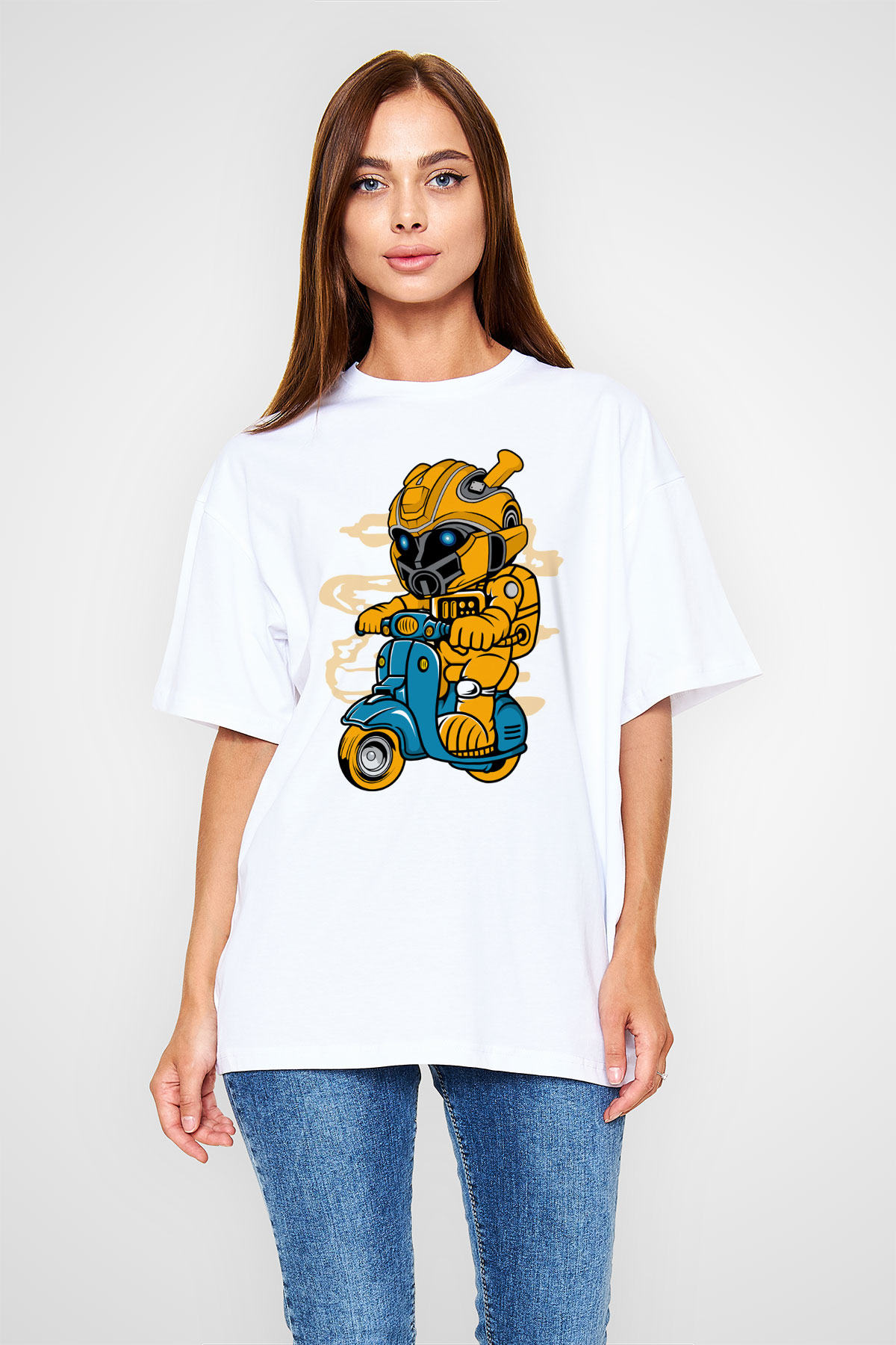 Bumble Bee Scooter Baskılı Unisex Beyaz Oversize Tişört