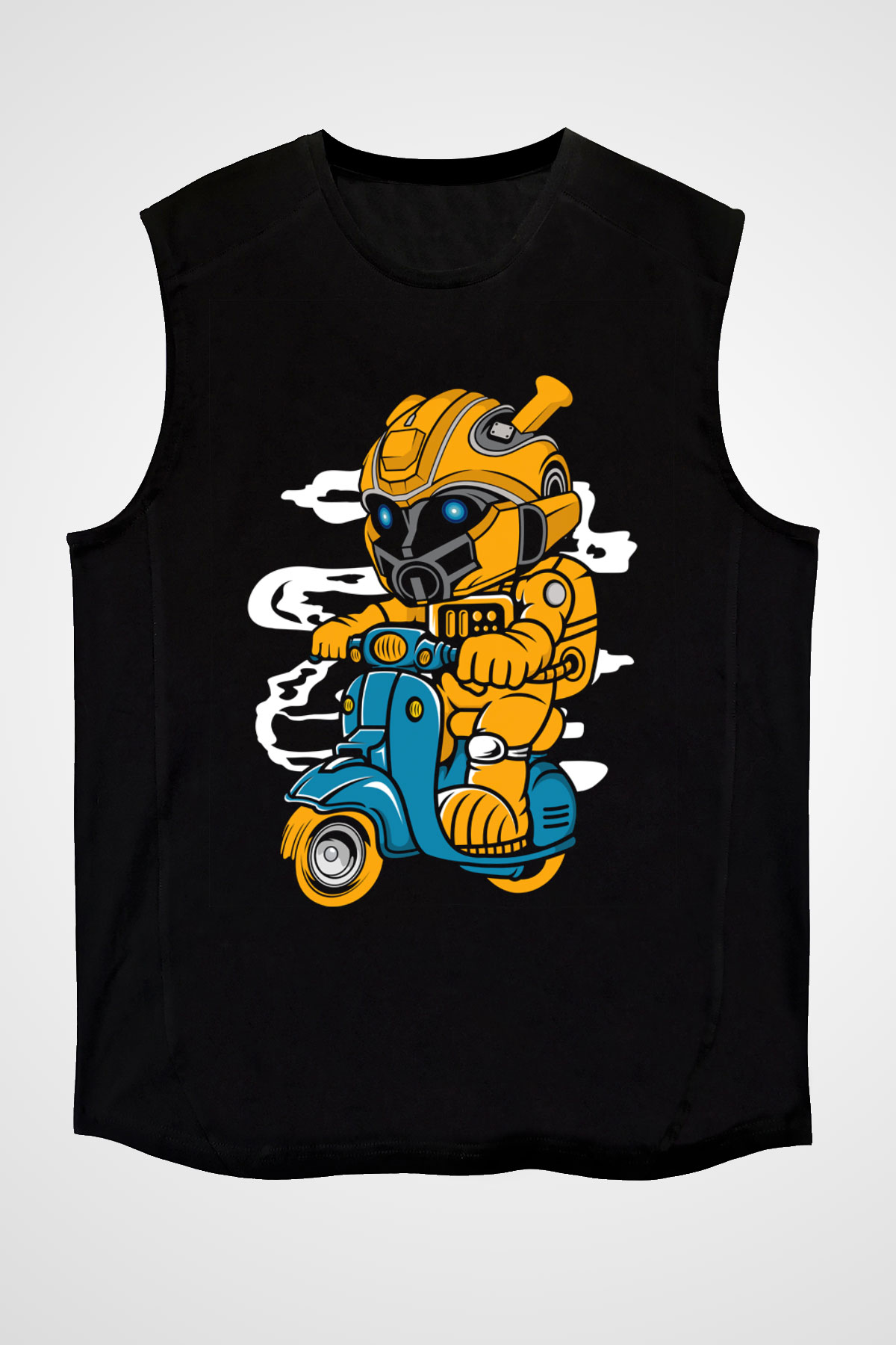 Bumble Bee Scooter Baskılı Unisex Siyah Kolsuz Tişört