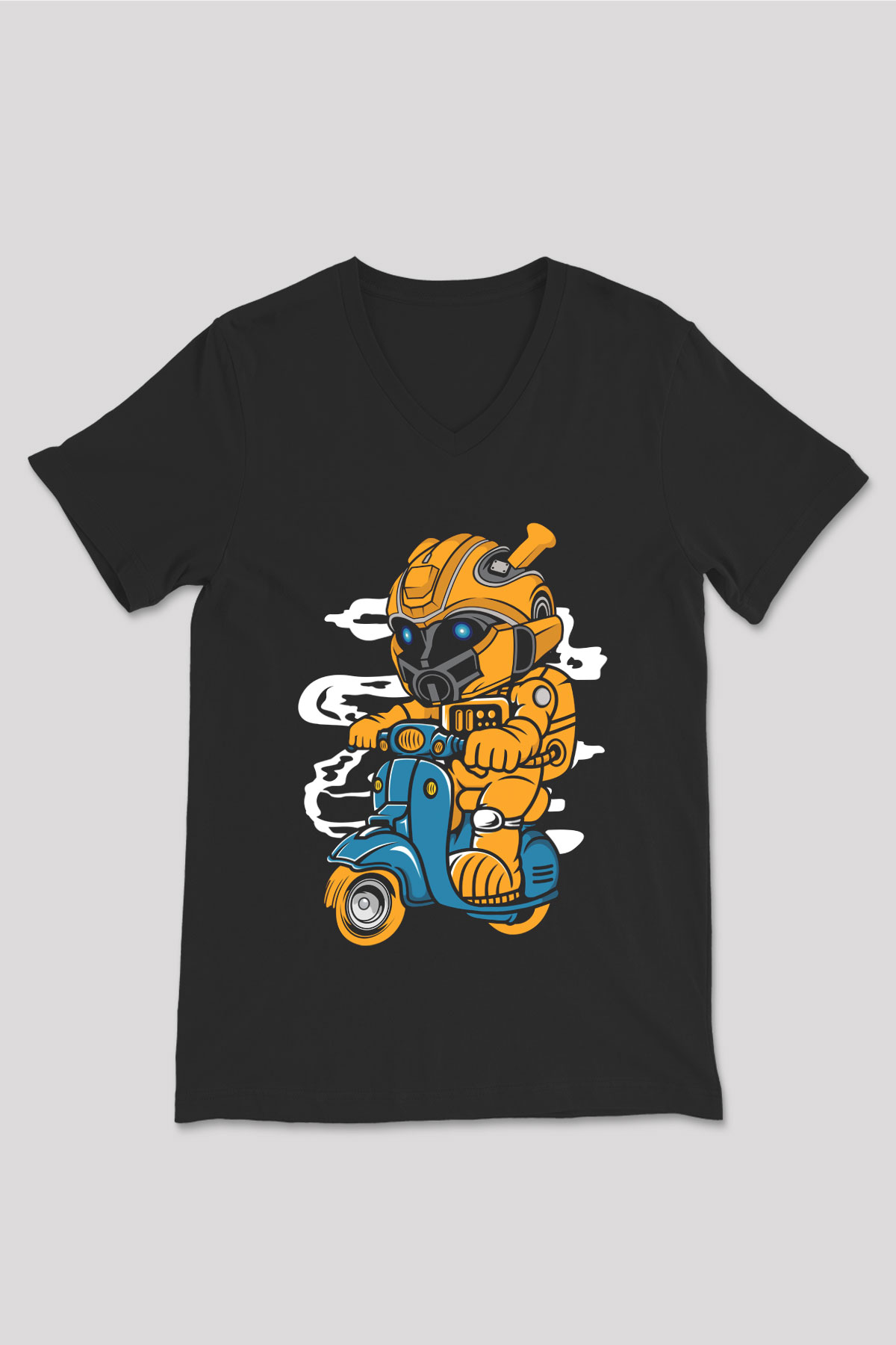 Bumble Bee Scooter Baskılı Unisex Siyah V Yaka Tişört
