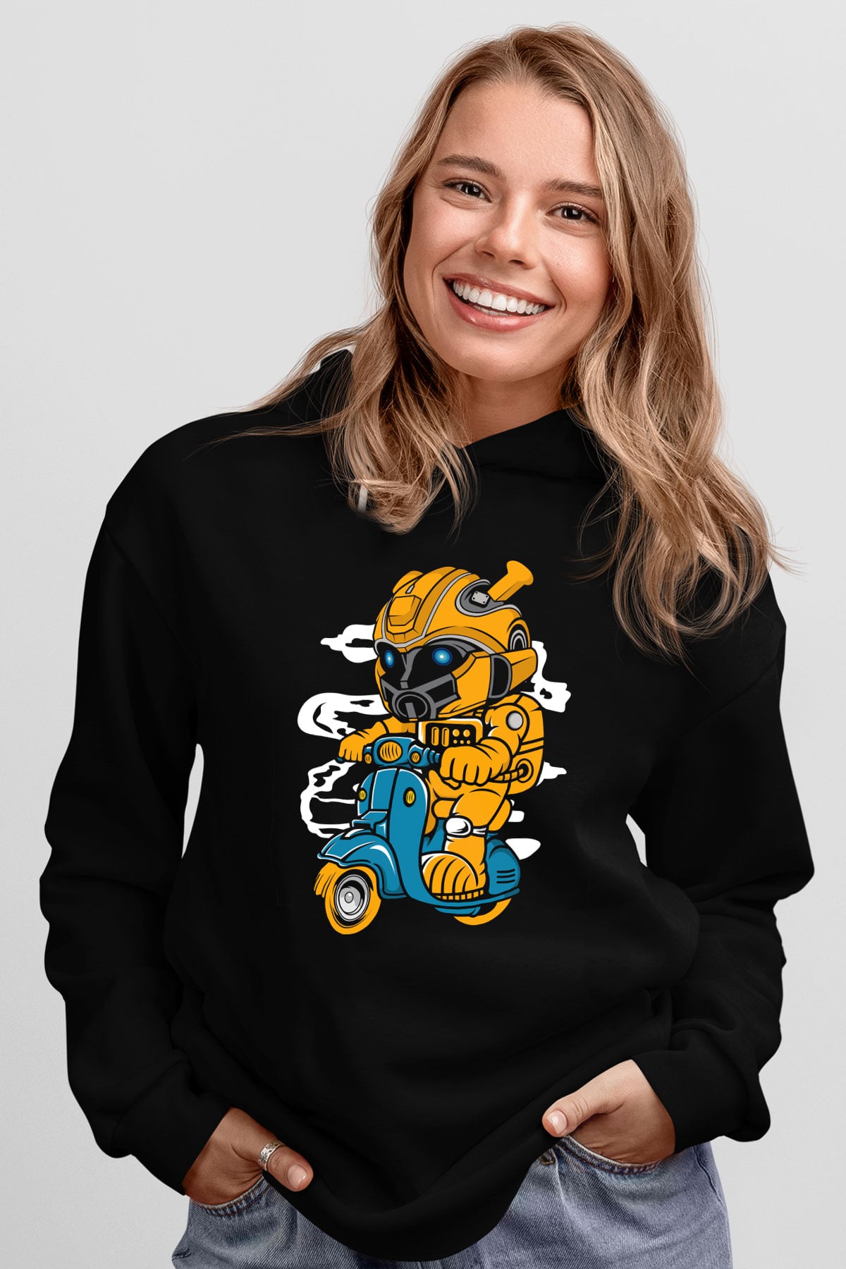 Bumble Bee Scooter Baskılı Unisex Siyah Hoodie