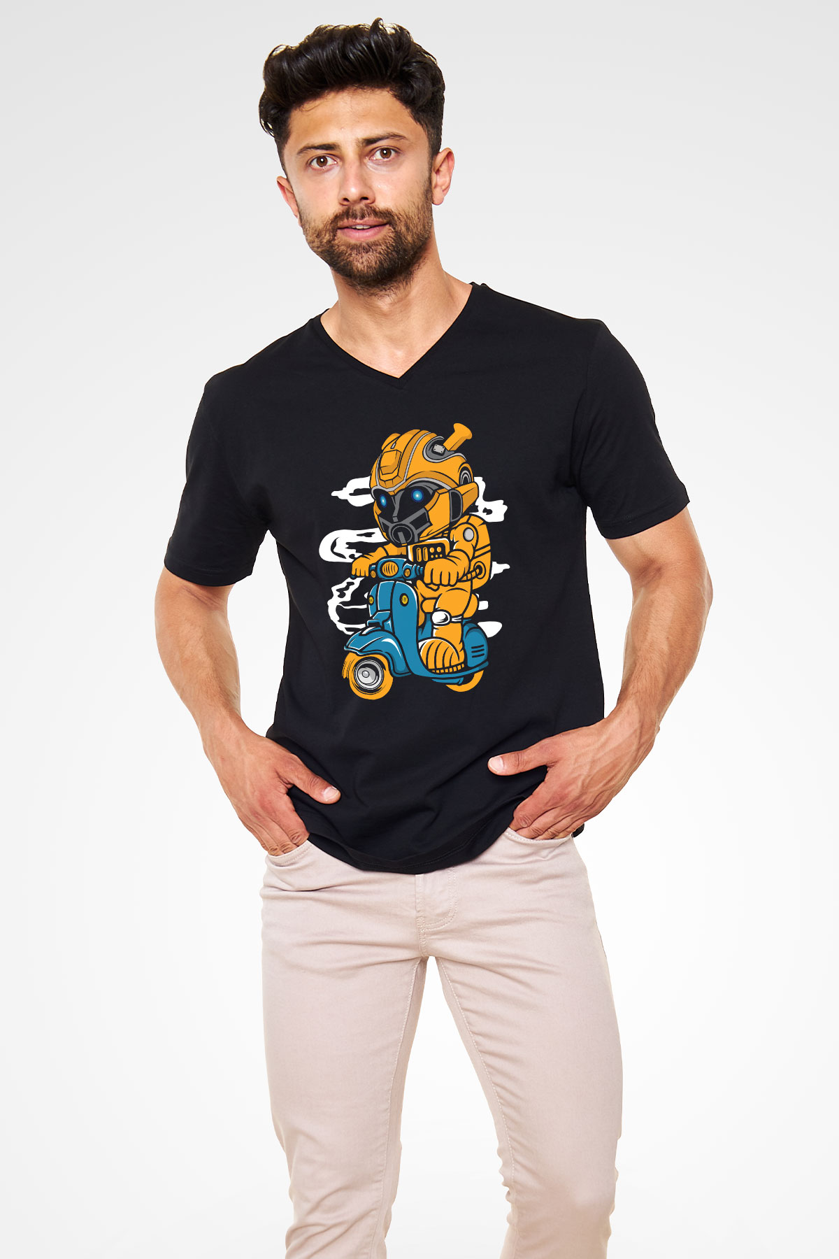 Bumble Bee Scooter Baskılı Unisex Siyah V Yaka Tişört