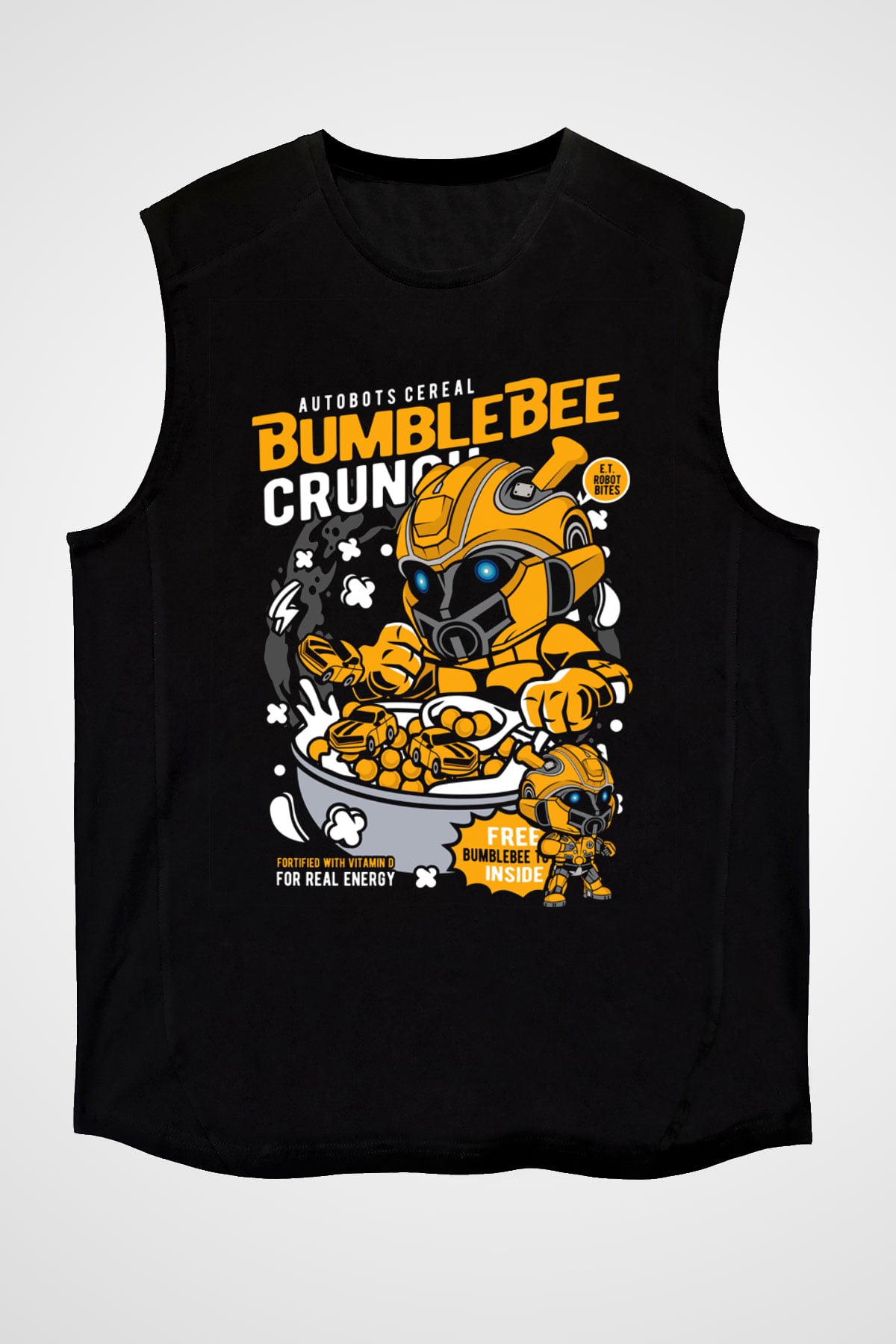 Bumblebee Crunch Baskılı Unisex Siyah Kolsuz Tişört