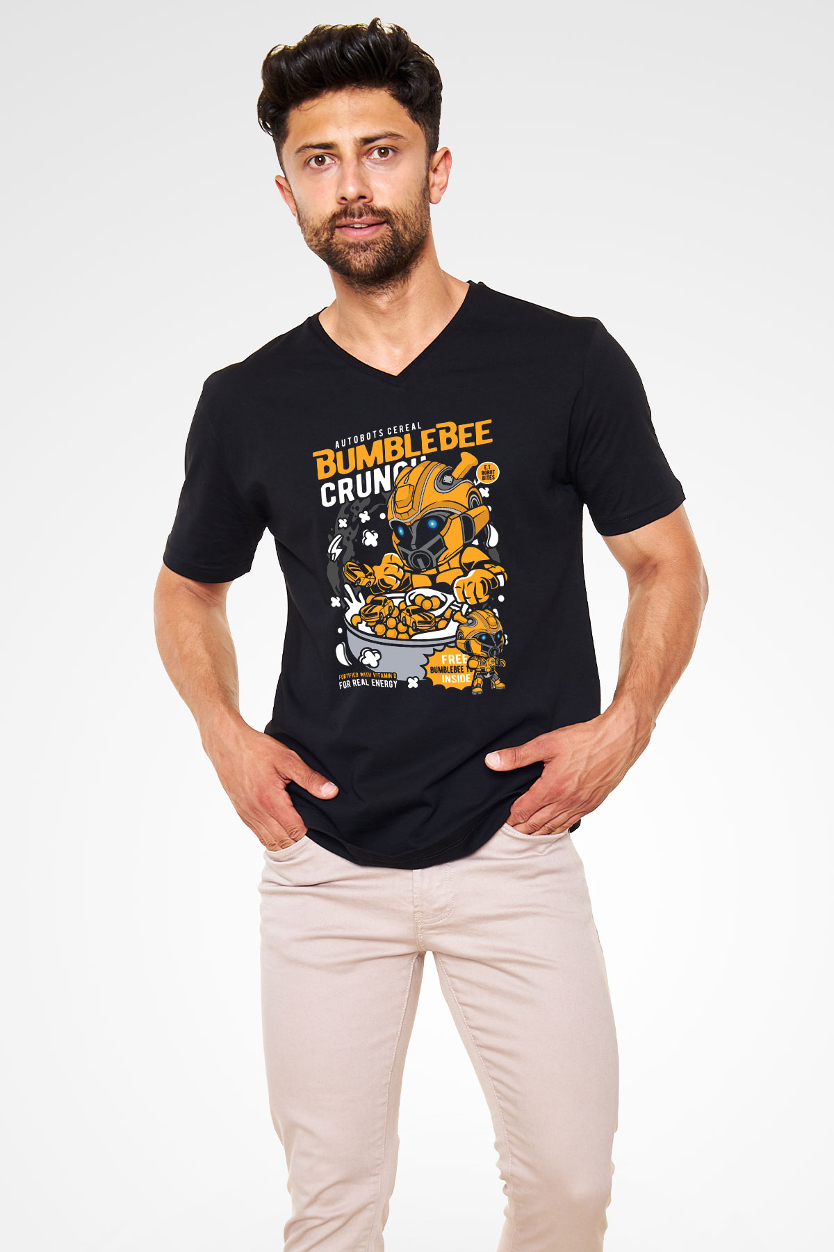 Bumblebee Crunch Baskılı Unisex Siyah V Yaka Tişört