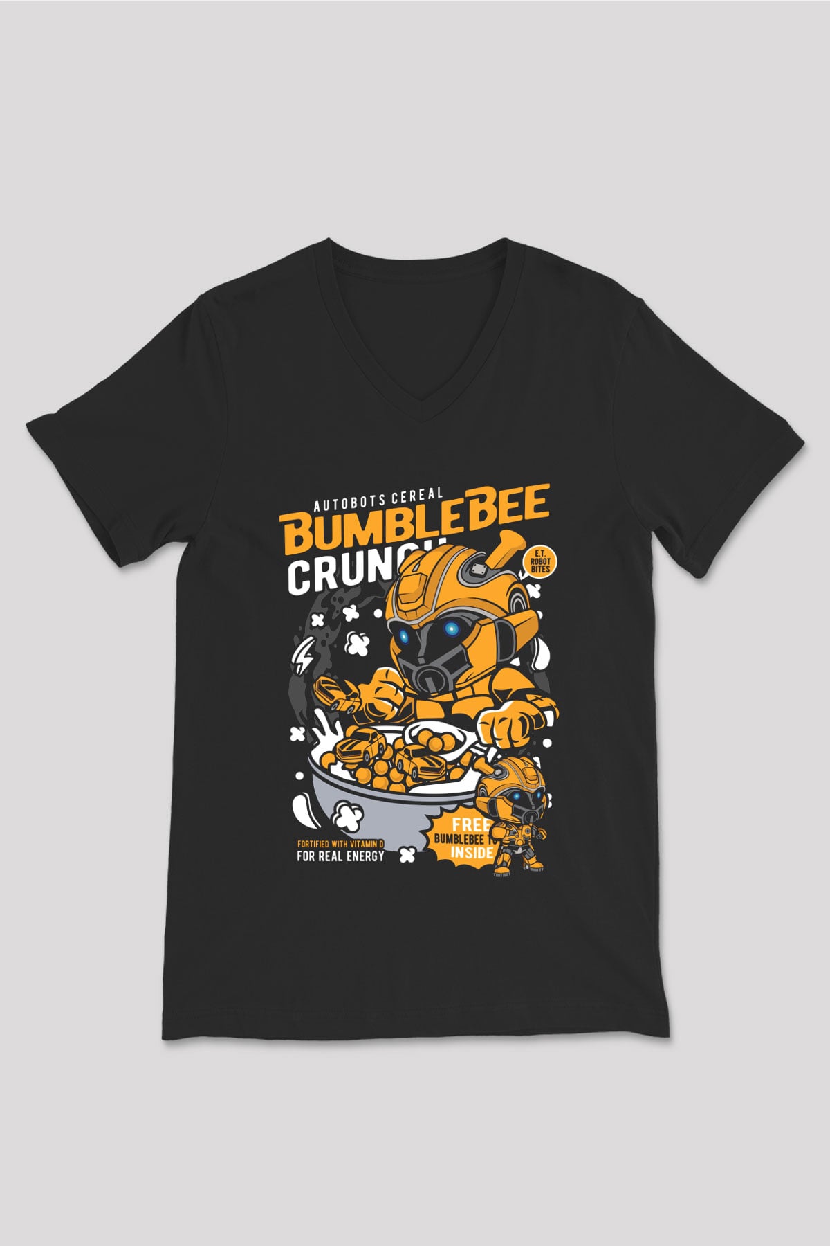 Bumblebee Crunch Baskılı Unisex Siyah V Yaka Tişört