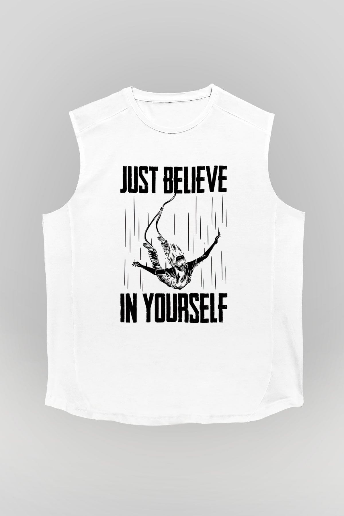 Bungee Jumping Baskılı Unisex Kolsuz Beyaz Tişört